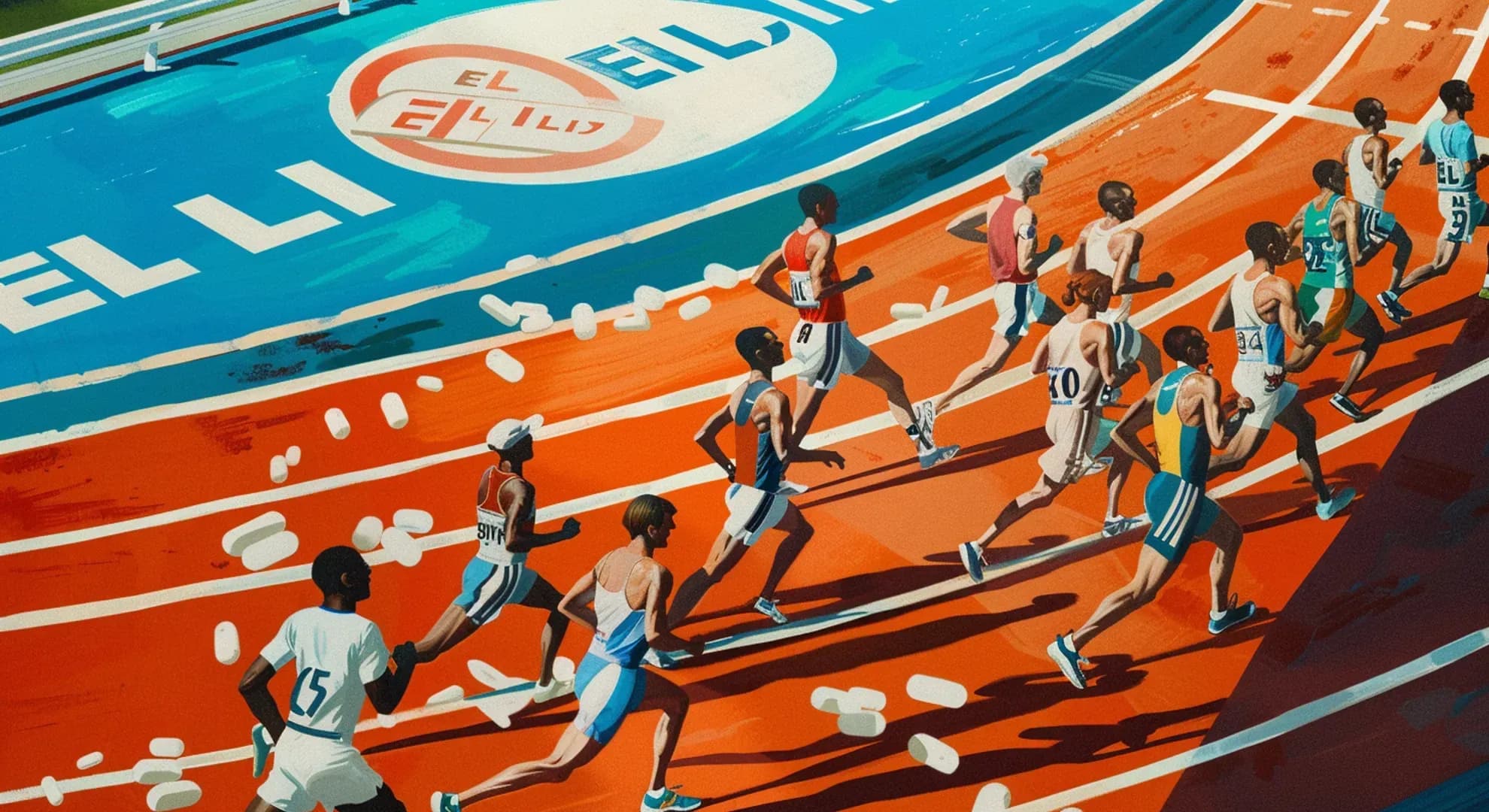 Illustration of Eli Lilly and Novo Nordisk logos in a race track, weight loss drugs as runners