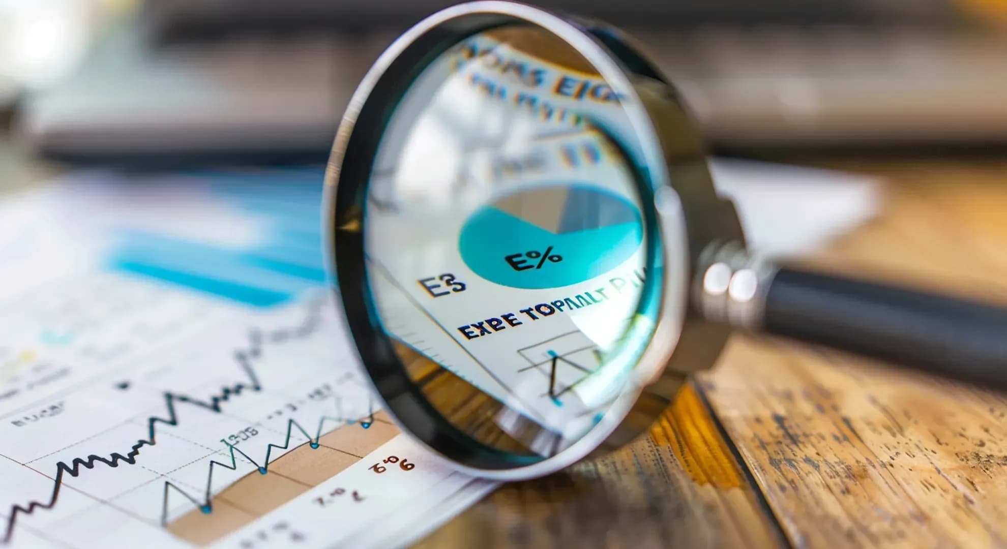 Illustration of a magnifying glass examining a financial chart with expense ratio percentages, symbolizing the importance of understanding ETF expense ratios for informed investing decisions.