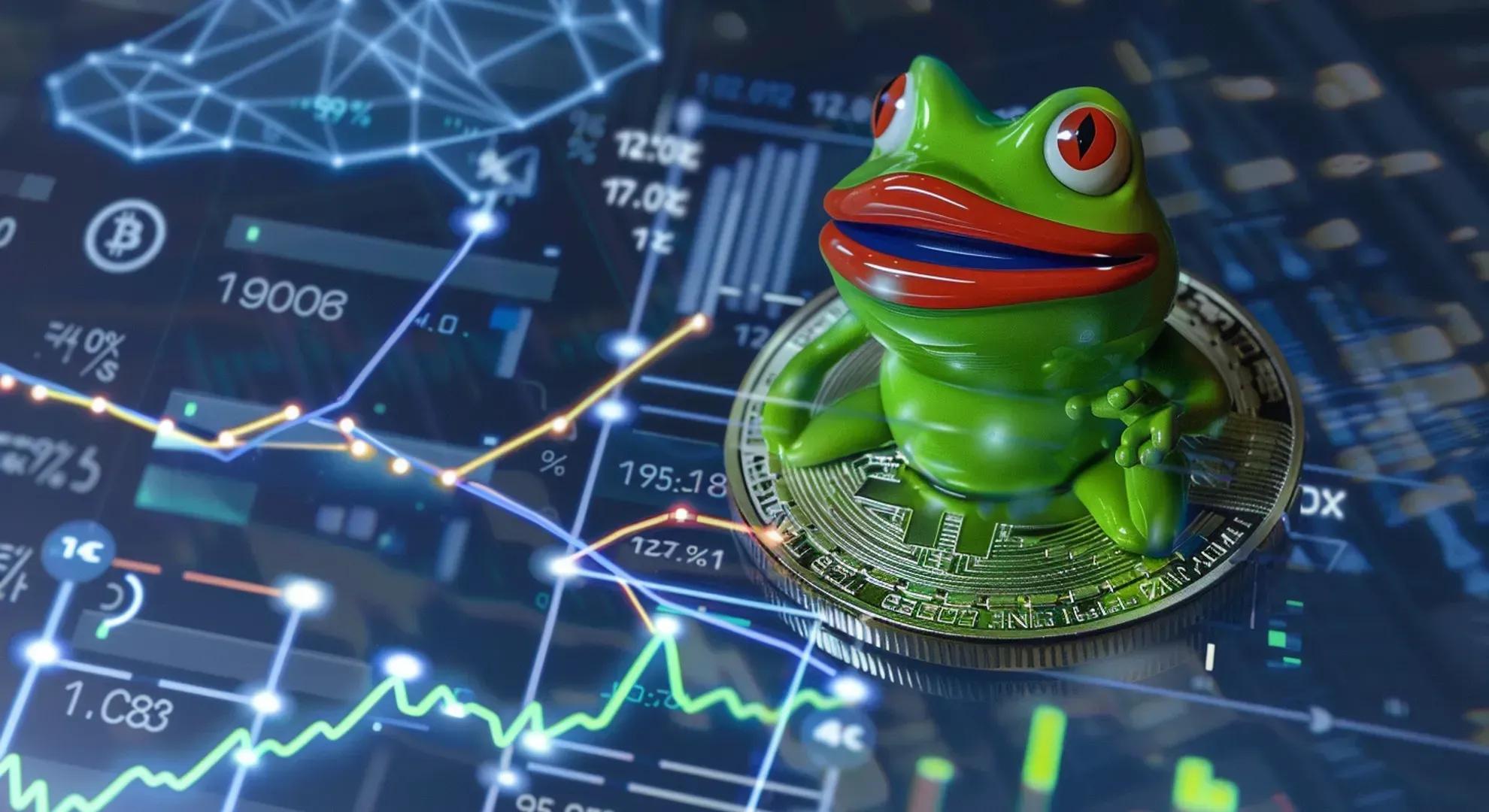 Illustration of a meme coin with the Pepe frog character, surrounded by technical analysis charts and on-chain data visualizations, symbolizing the analysis of Pepe's price potential.