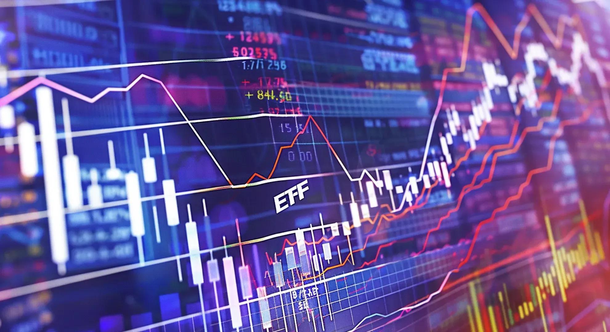 Illustration of an inverse bond ETF, showing a graph with rising interest rates and an ETF symbol moving in the opposite direction, against a background of financial charts and data.