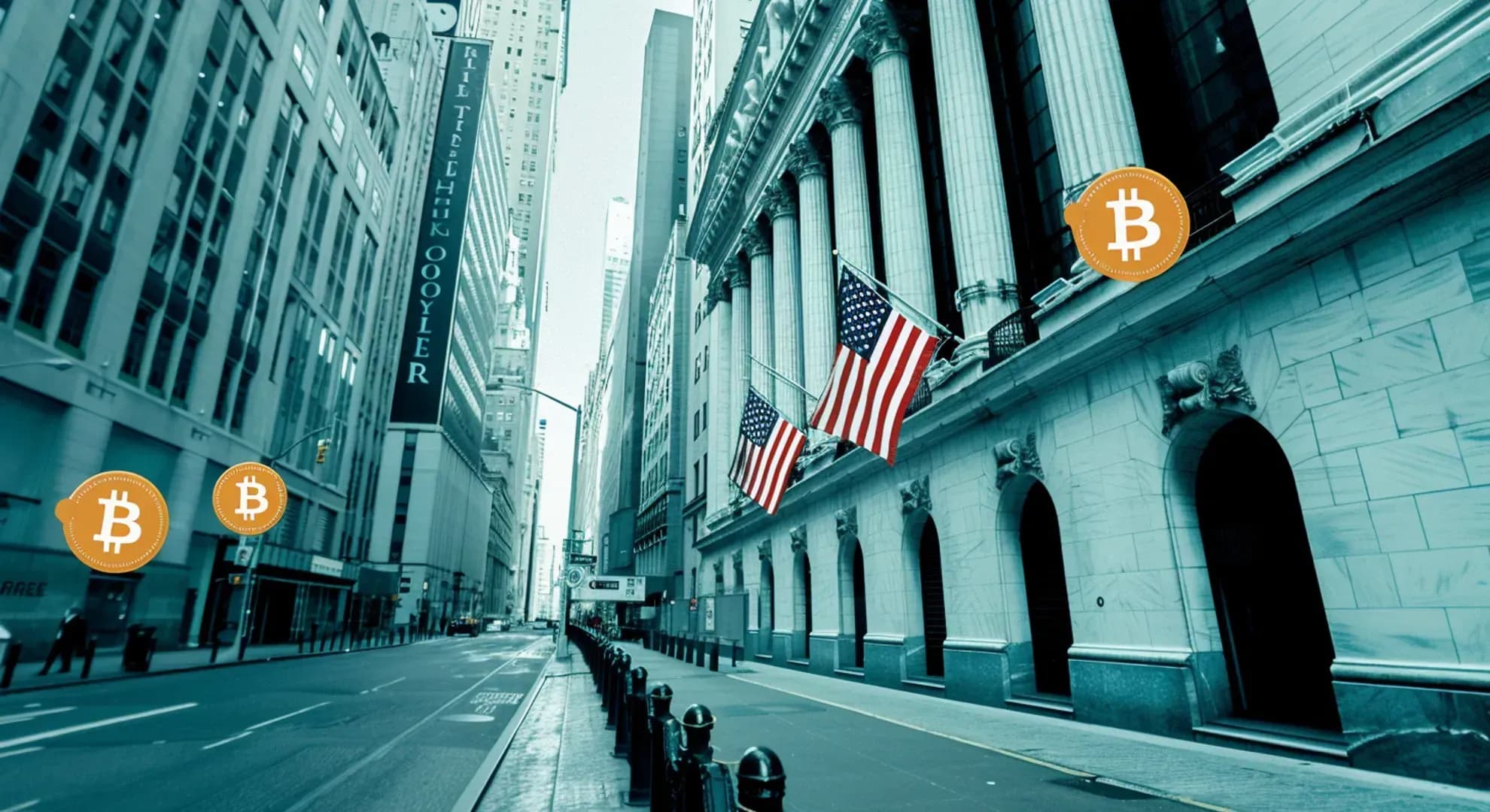 Photography of Wall Street with Bitcoin symbols overlaid