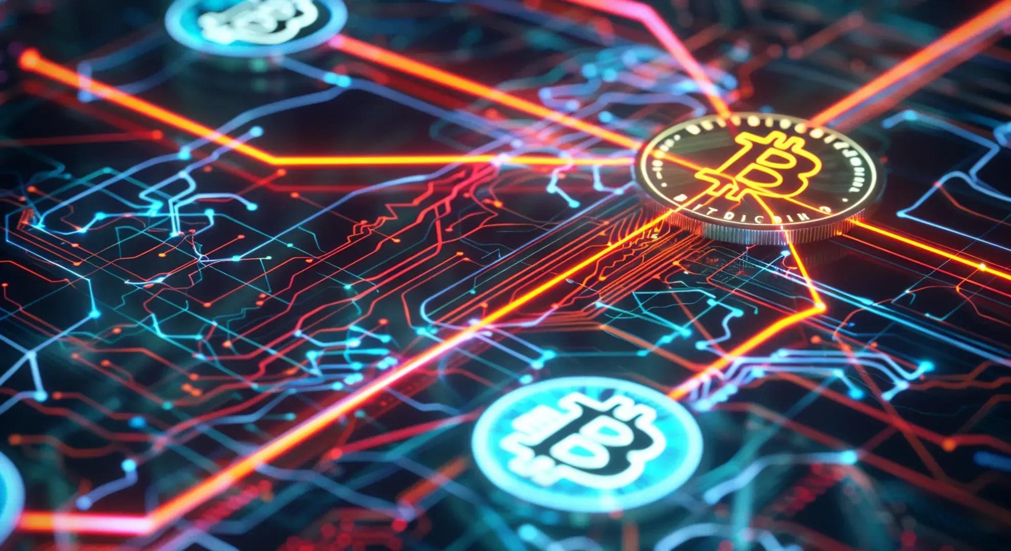 Illustration of a futuristic digital currency network with glowing neon lines and Bitcoin symbols