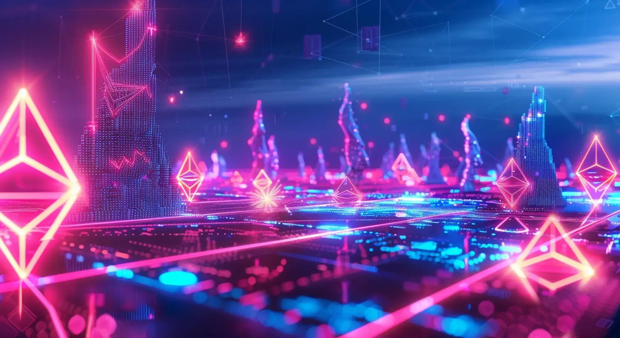 Illustration of a futuristic digital landscape with glowing neon NFT tokens and blockchain technology