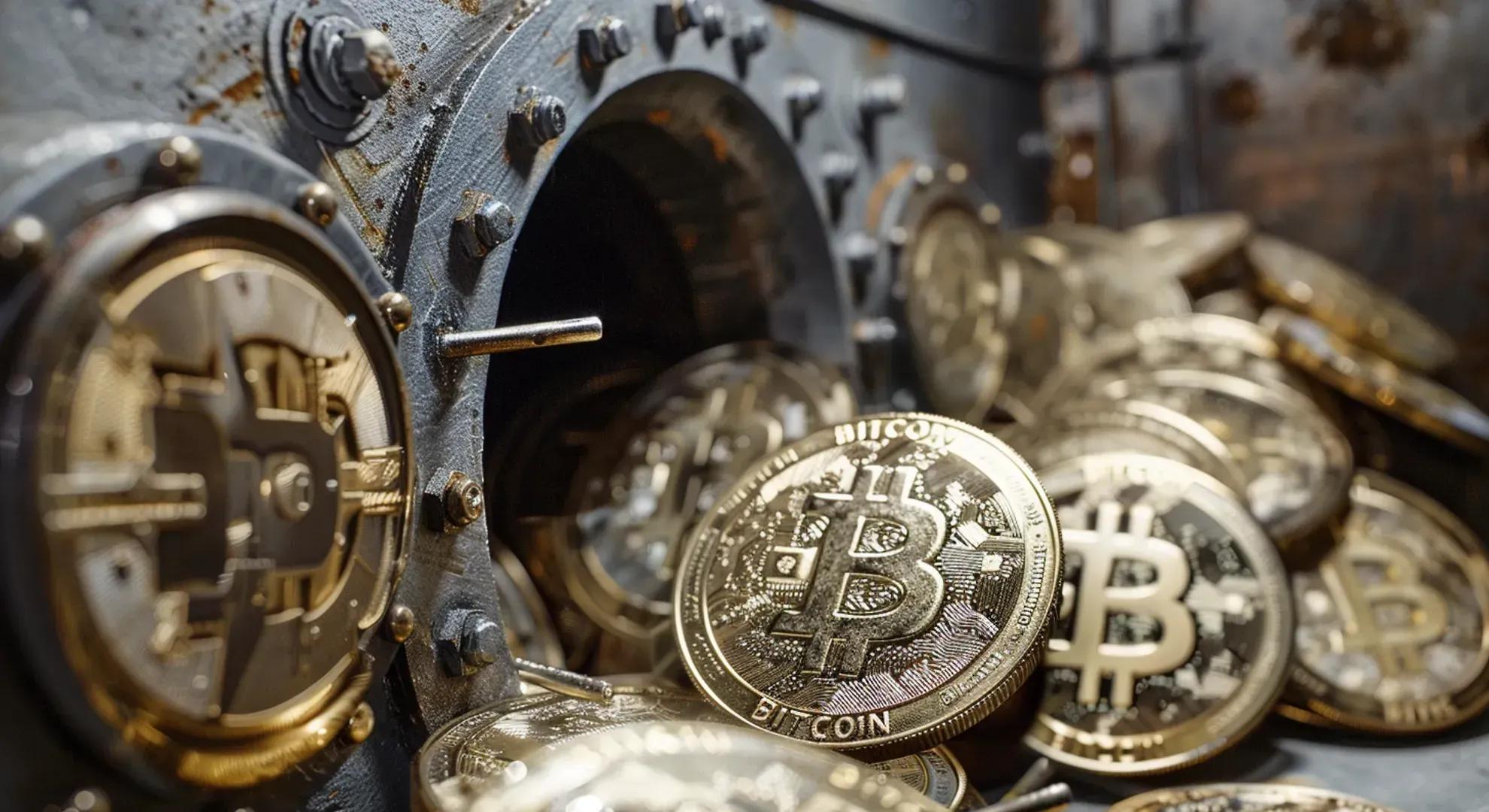 Photography of a secure vault with Bitcoin symbols, representing the regulatory oversight and investor protection provided by spot Bitcoin ETFs.