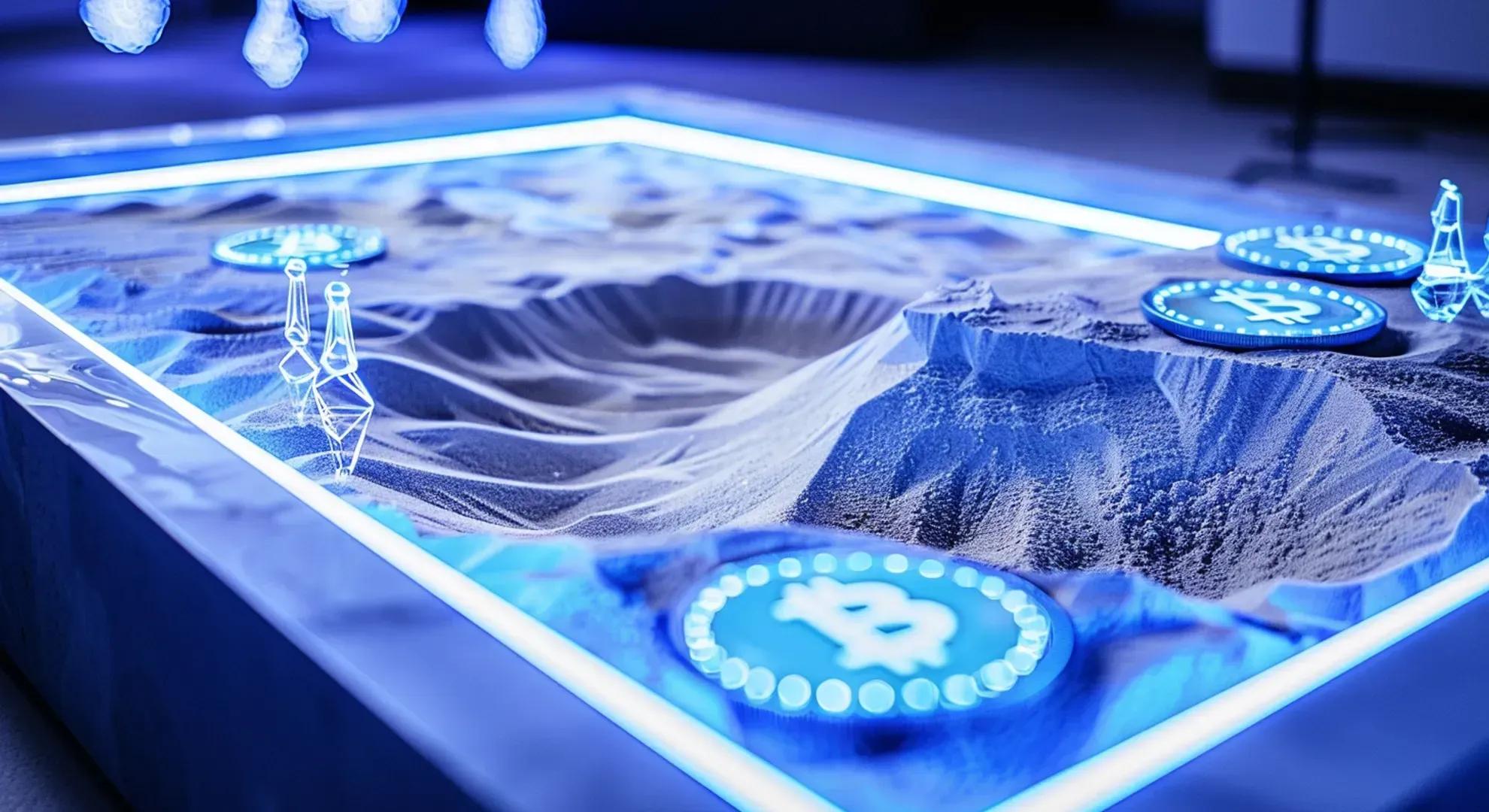 A conceptual photography of a digital sandbox with blockchain technology and cryptocurrency symbols, representing a controlled environment for testing and innovation.