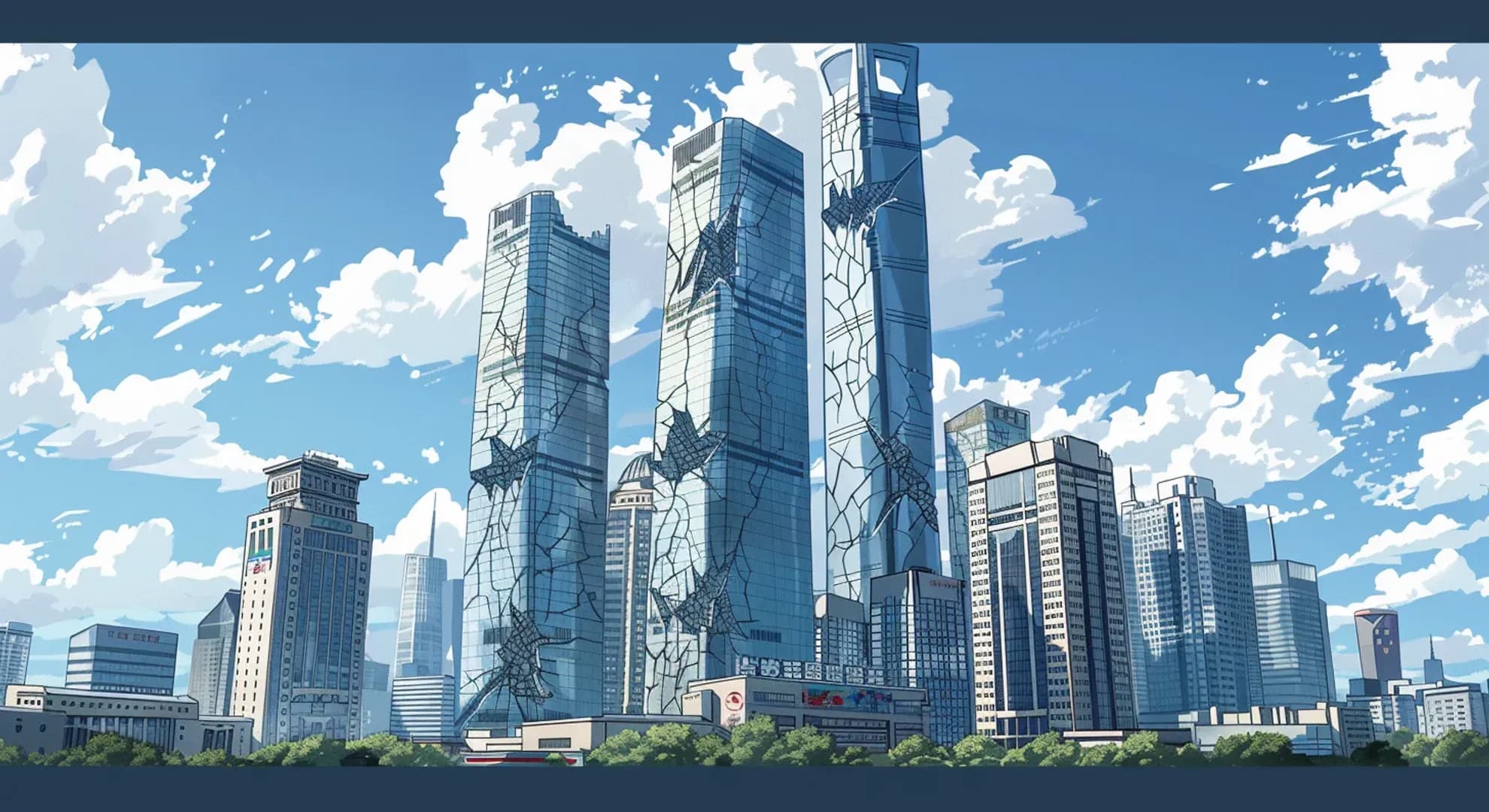 Illustration of Chinese skyscrapers with cracks, symbolizing property crisis