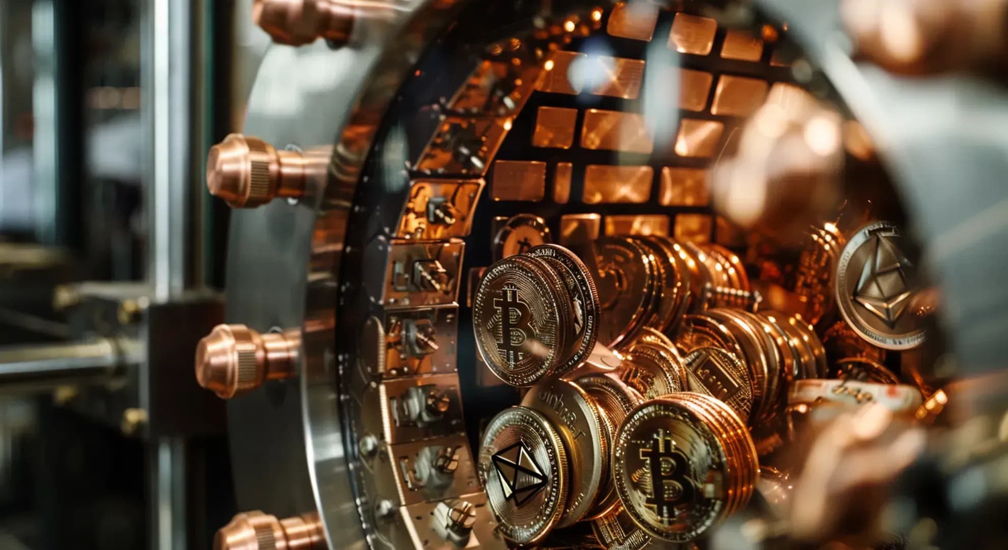 Photography of a secure vault with cryptocurrency symbols, representing Coinbase's security measures