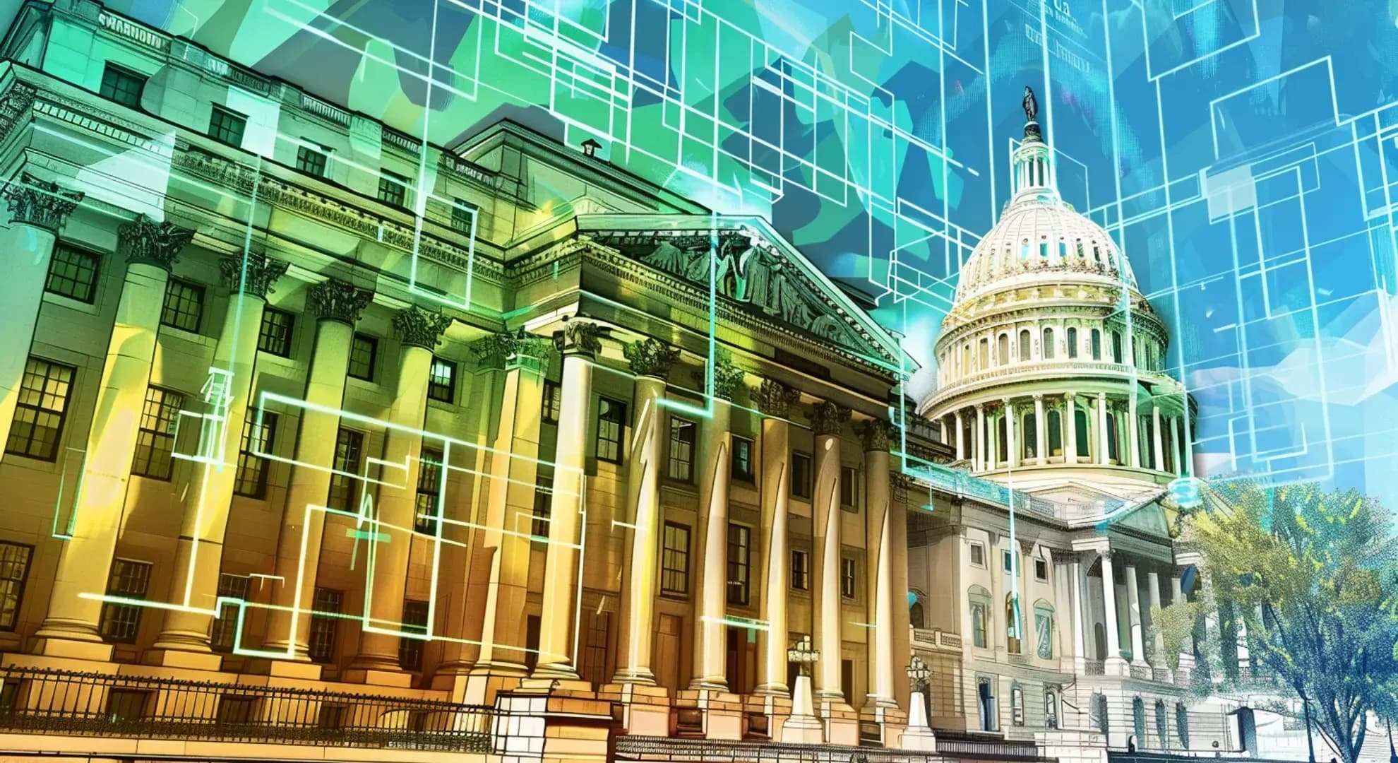 Illustration of U.S. Treasury building with digital interface representing TreasuryDirect