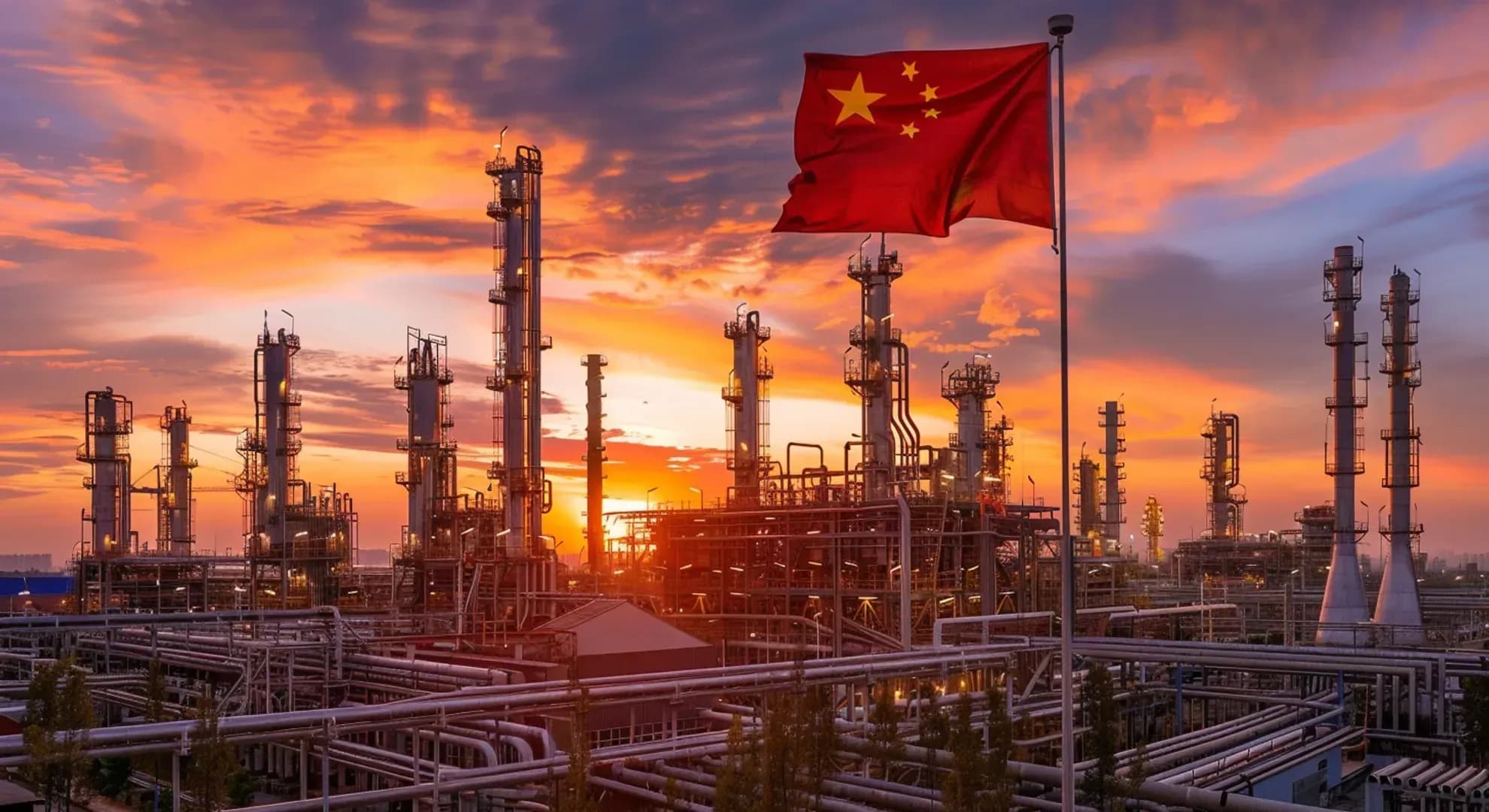 Photography of oil refinery with Chinese flag in background, dramatic sunset