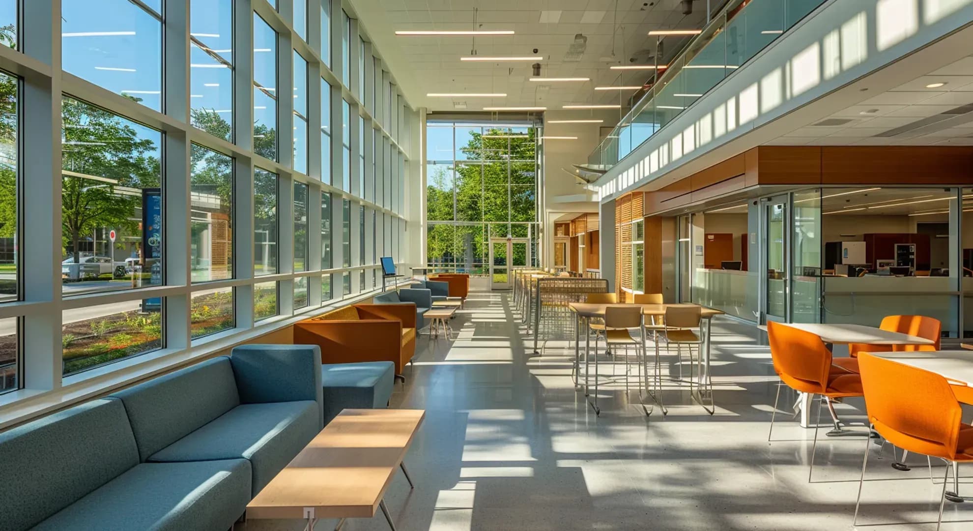 Photography of modern flexible workspace interior, natural light