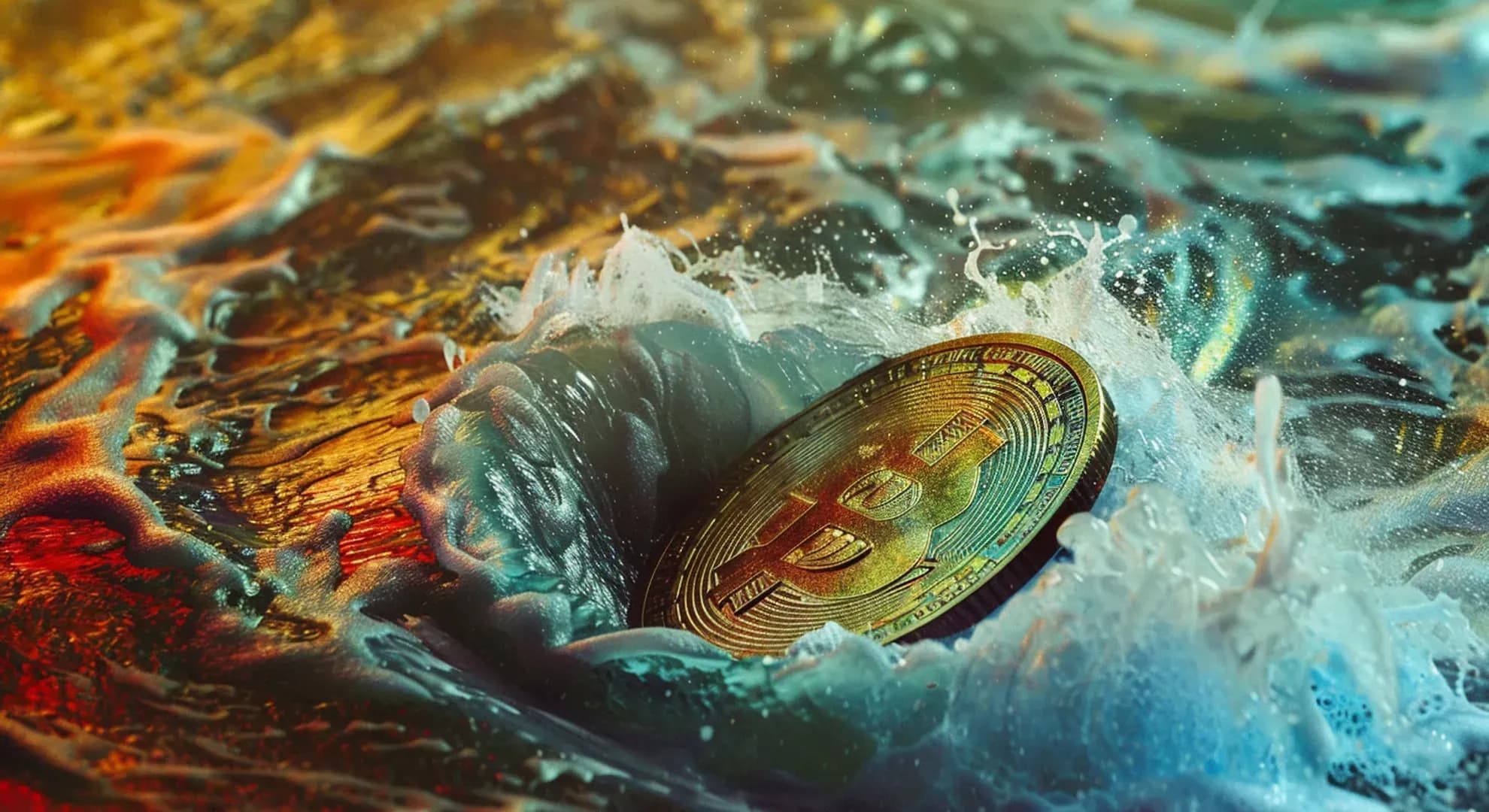 Australian dollar coin sinking in turbulent water, illustration with vivid colors