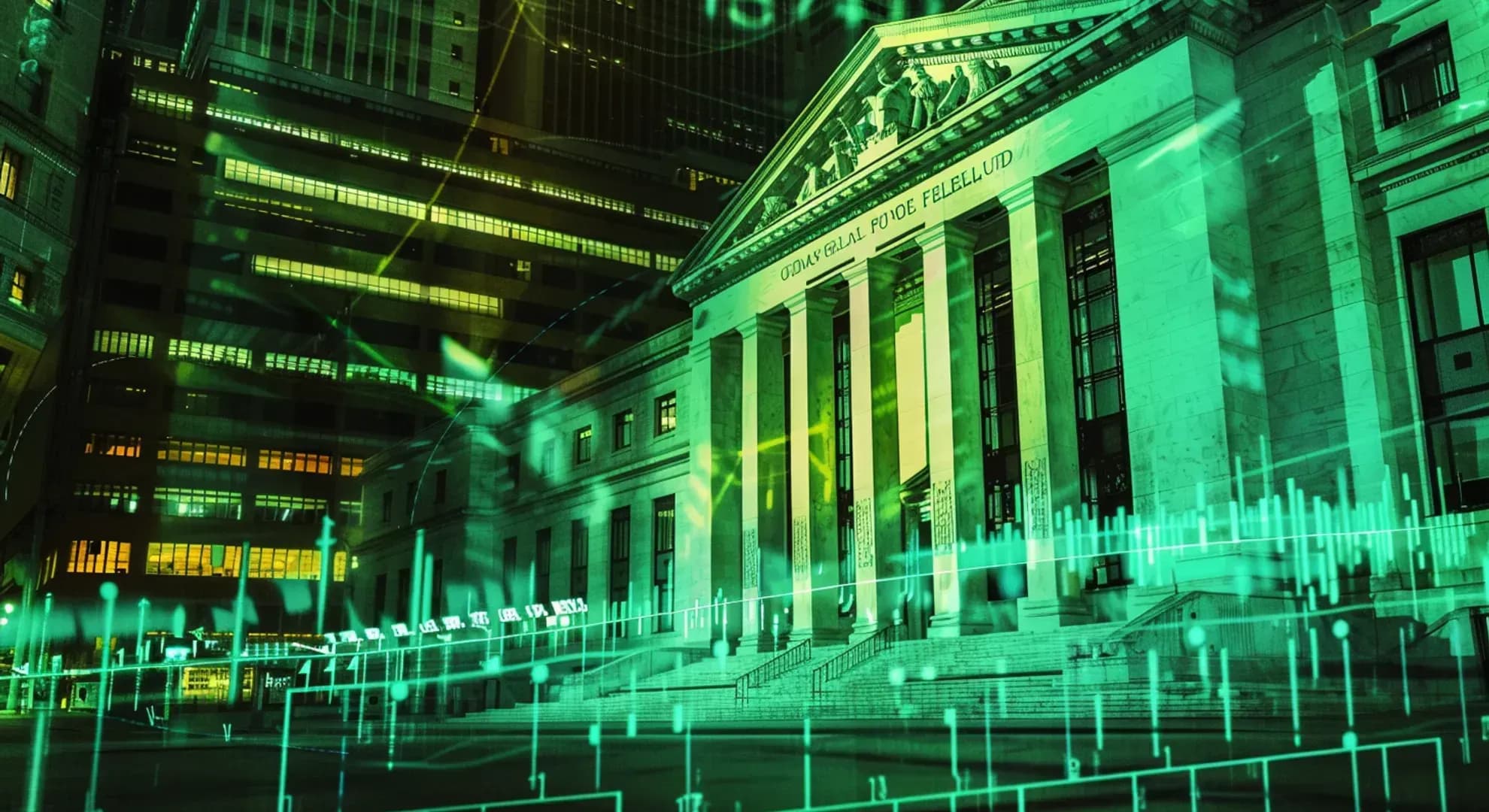 Photography of Federal Reserve building with economic data charts overlay