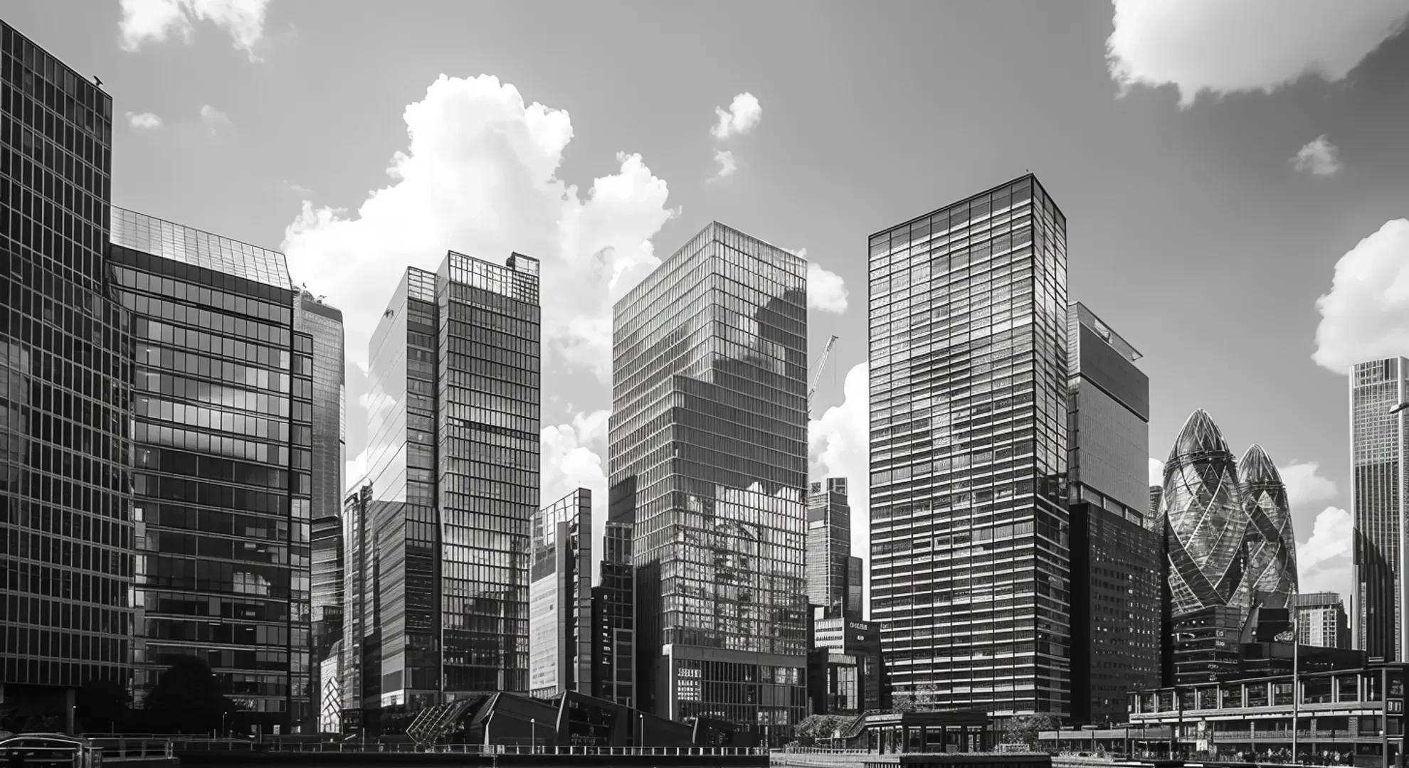 A black and white photography of a financial district skyline, with modern skyscrapers and a focus on resilience and innovation.