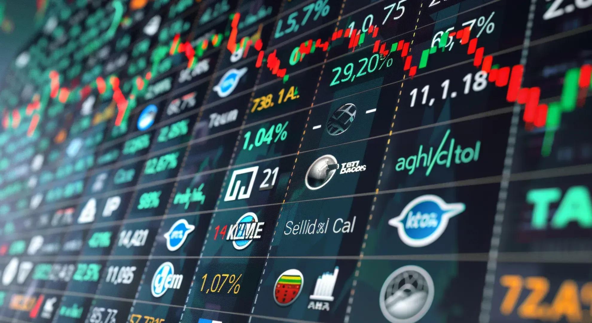 Illustration of a stock market chart with big and small company logos, representing big-cap and small-cap stocks