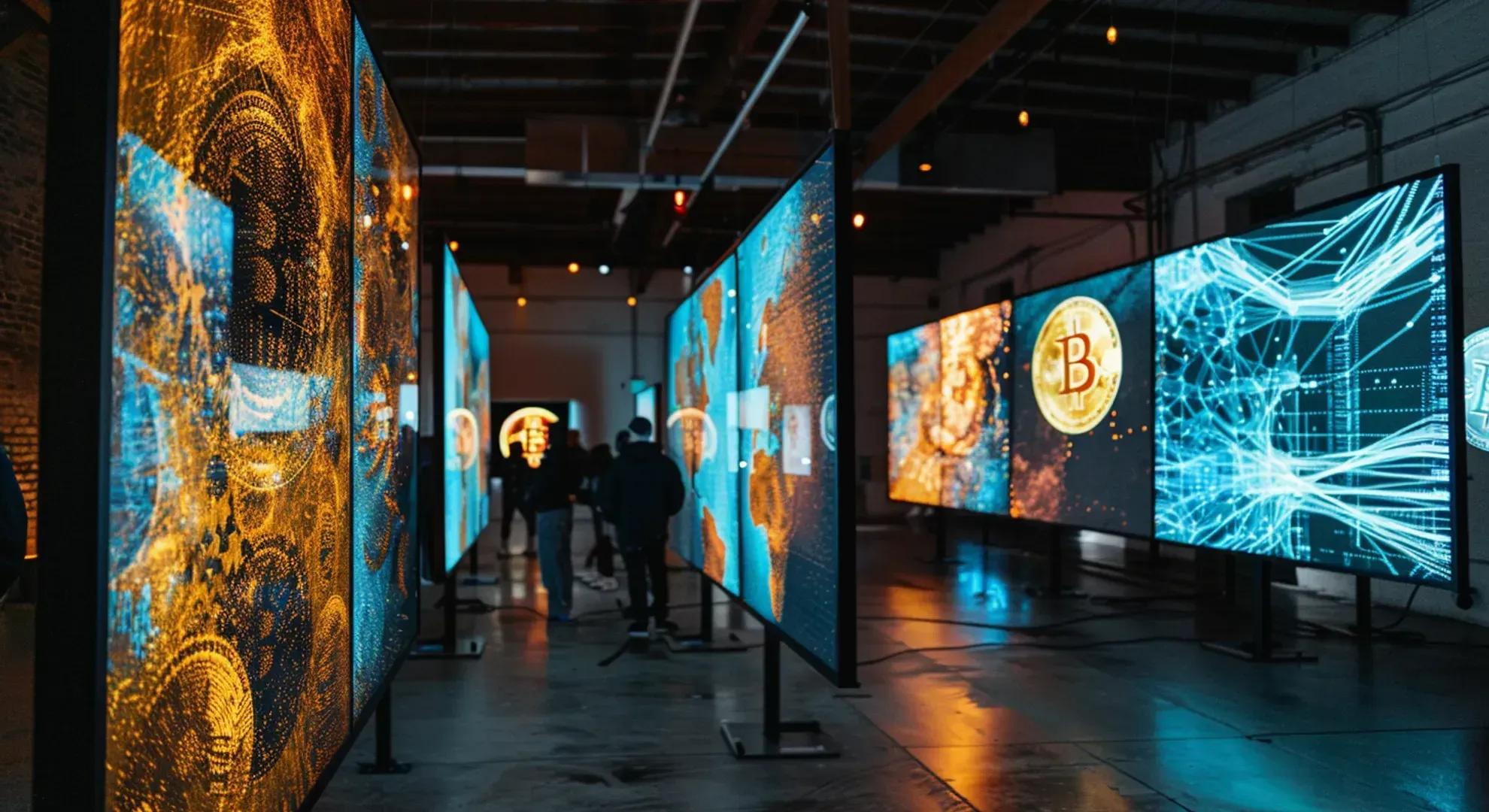 Photography of a digital artwork auction with NFT tokens displayed on screens