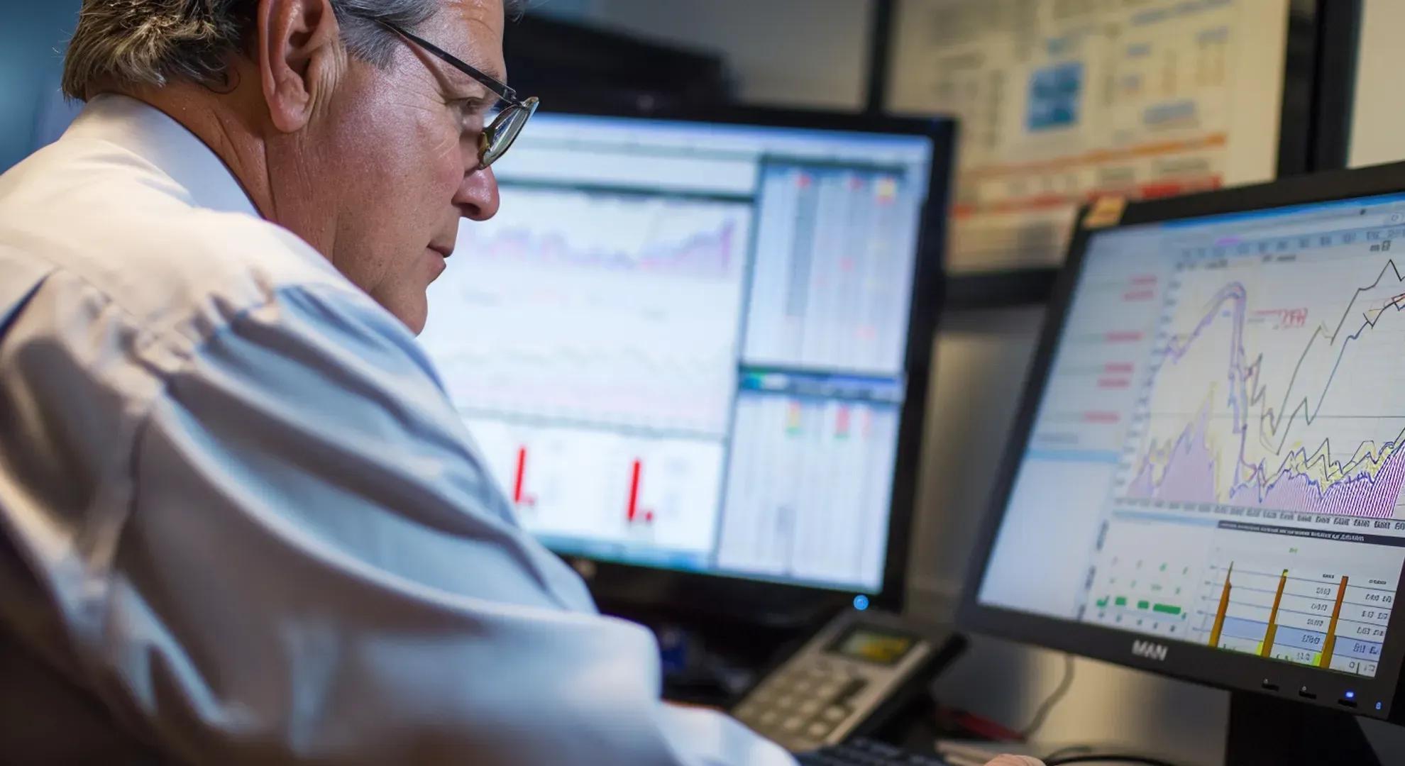 Photography of a financial advisor reviewing investment portfolio charts and data on a computer screen, symbolizing the importance of regularly monitoring and rebalancing investment portfolios to maintain desired asset allocations and risk levels.