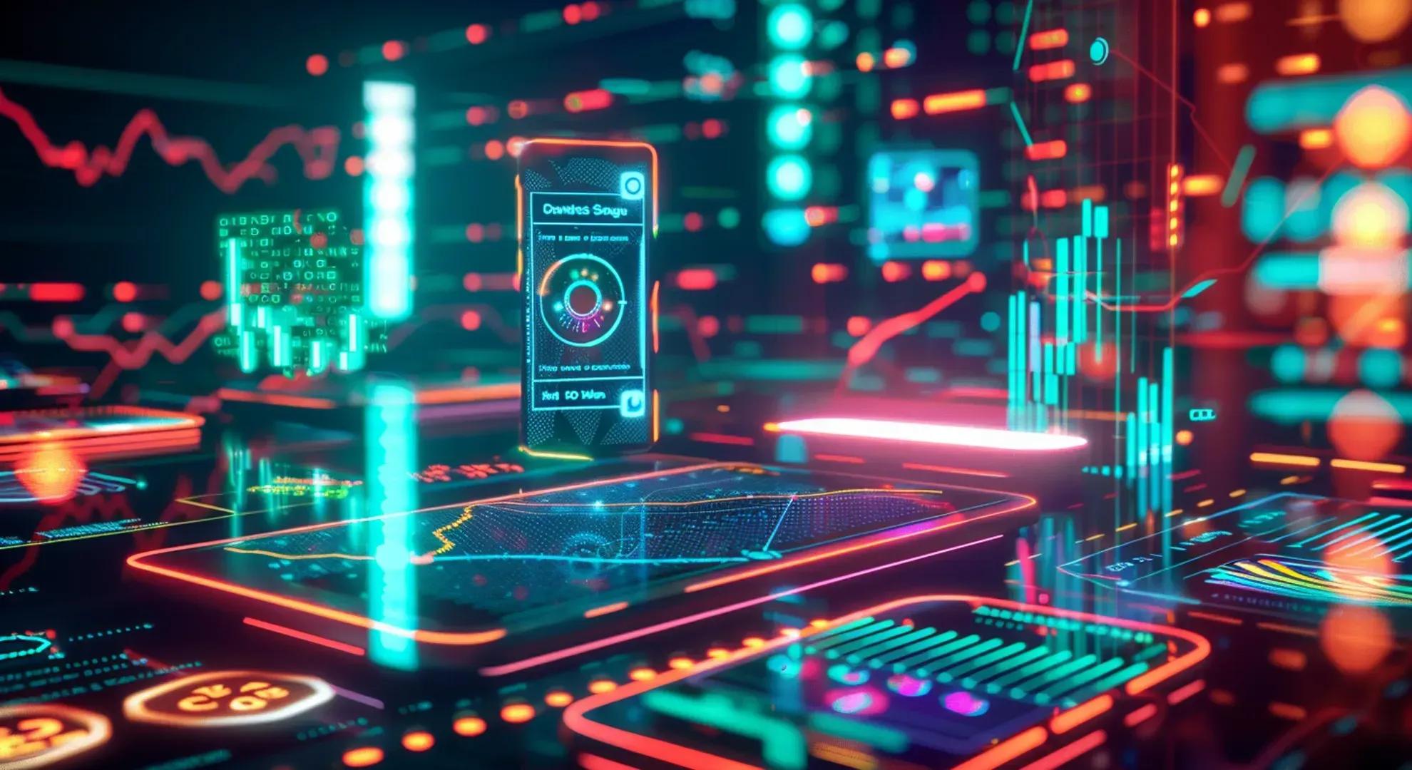 A futuristic illustration of a digital financial technology platform with glowing neon lights, data visualizations, and a mobile app interface, symbolizing the innovative and transformative power of FinTech in the investment landscape.