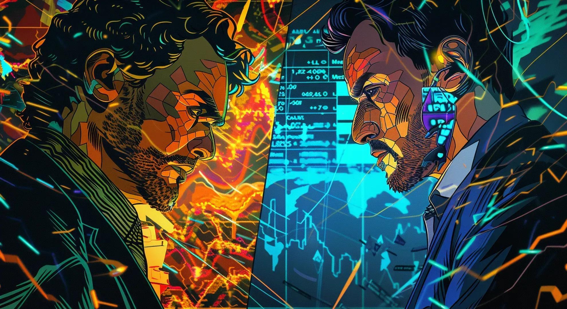 Illustration of a proprietary trader and a market maker, representing the two distinct roles in the financial markets, with intricate details and vivid colors.