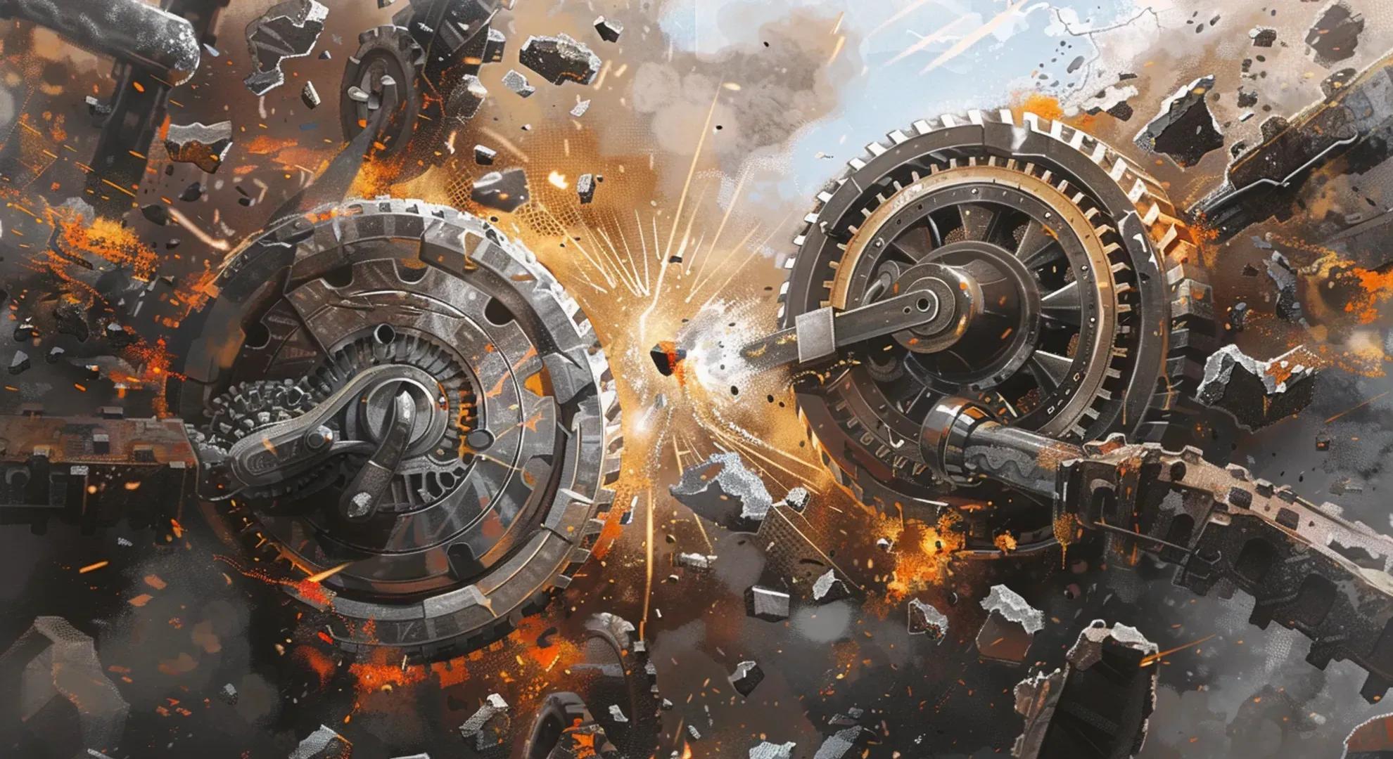 Illustration of a fierce battle between two bitcoin mining companies, with clashing gears and sparks flying