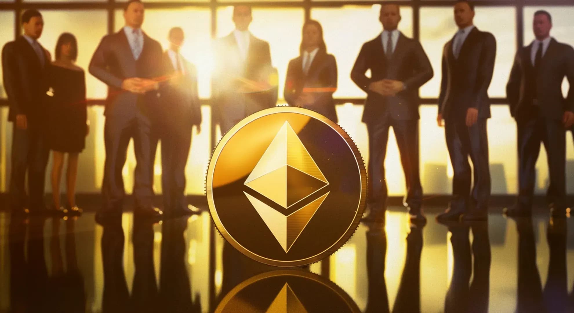 Illustration of Ethereum logo with leadership figures in the background