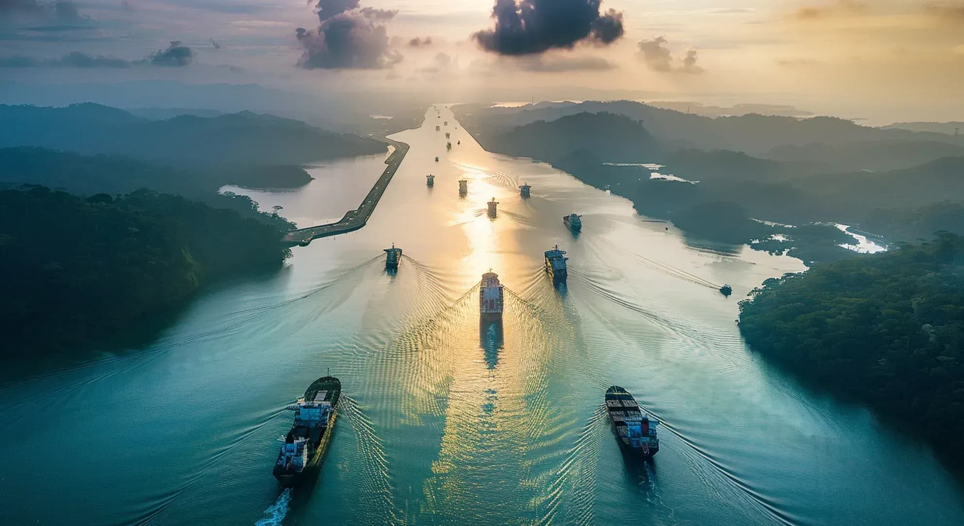 Photography of Panama Canal with ships passing through, aerial view