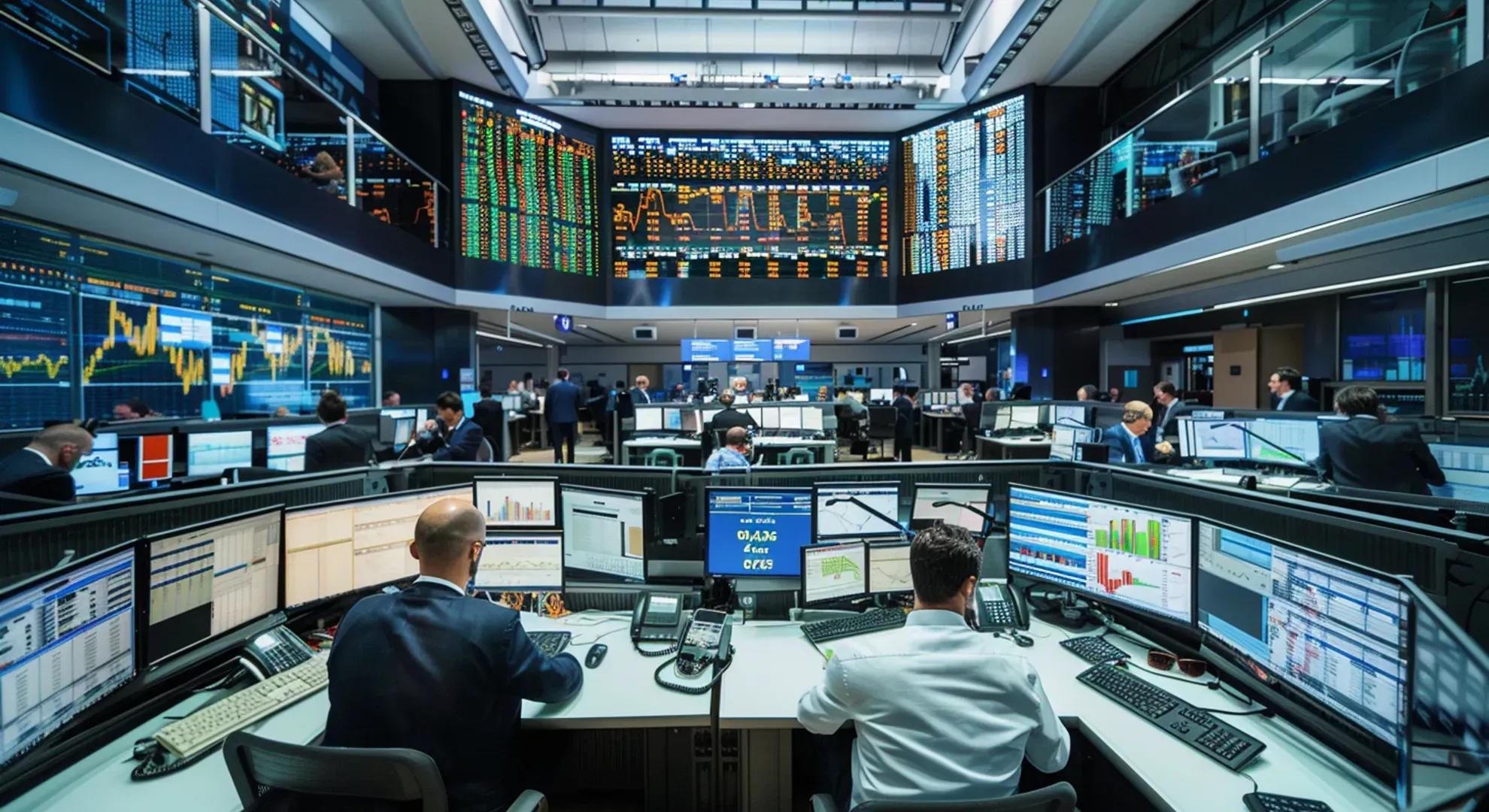 Photography of a modern commodities exchange trading floor with traders, screens, and data visualizations representing real-time market data