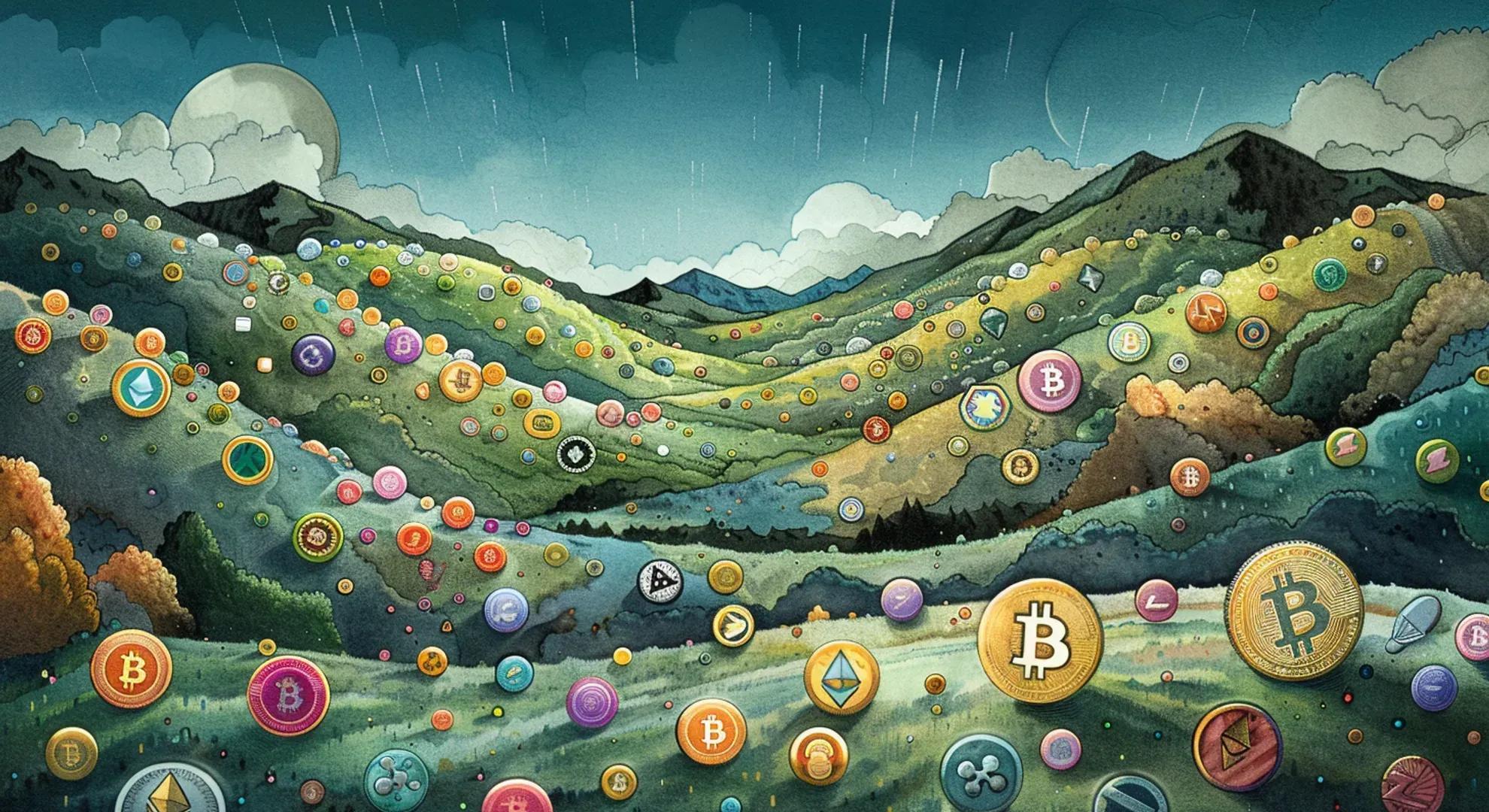 Illustration of a vast, colorful landscape filled with various altcoins represented as unique symbols or icons, contrasting with a single Bitcoin icon in the foreground, symbolizing the diversity and opportunities in the altcoin world.