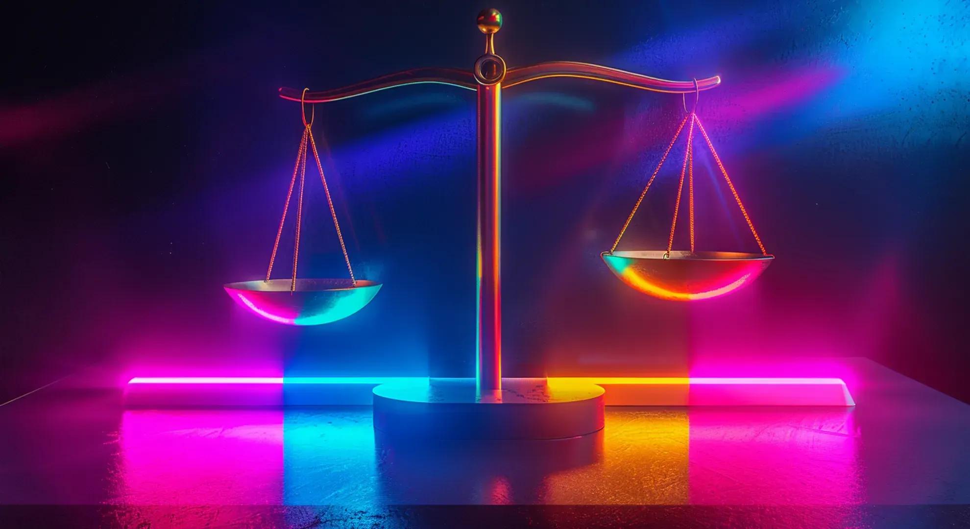 A vivid illustration of a large and small scale balancing on a seesaw, representing the balance between big-cap and small-cap stocks in an investment portfolio. Style: Vibrant colors, neon glowing light effects.