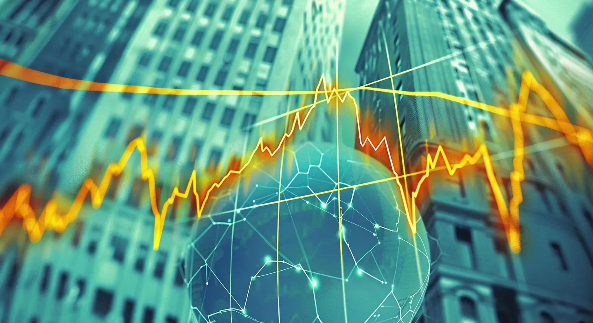 Illustration of an inverse bond ETF, showing a graph with bond prices falling and the ETF price rising, against a backdrop of rising interest rates and economic indicators.