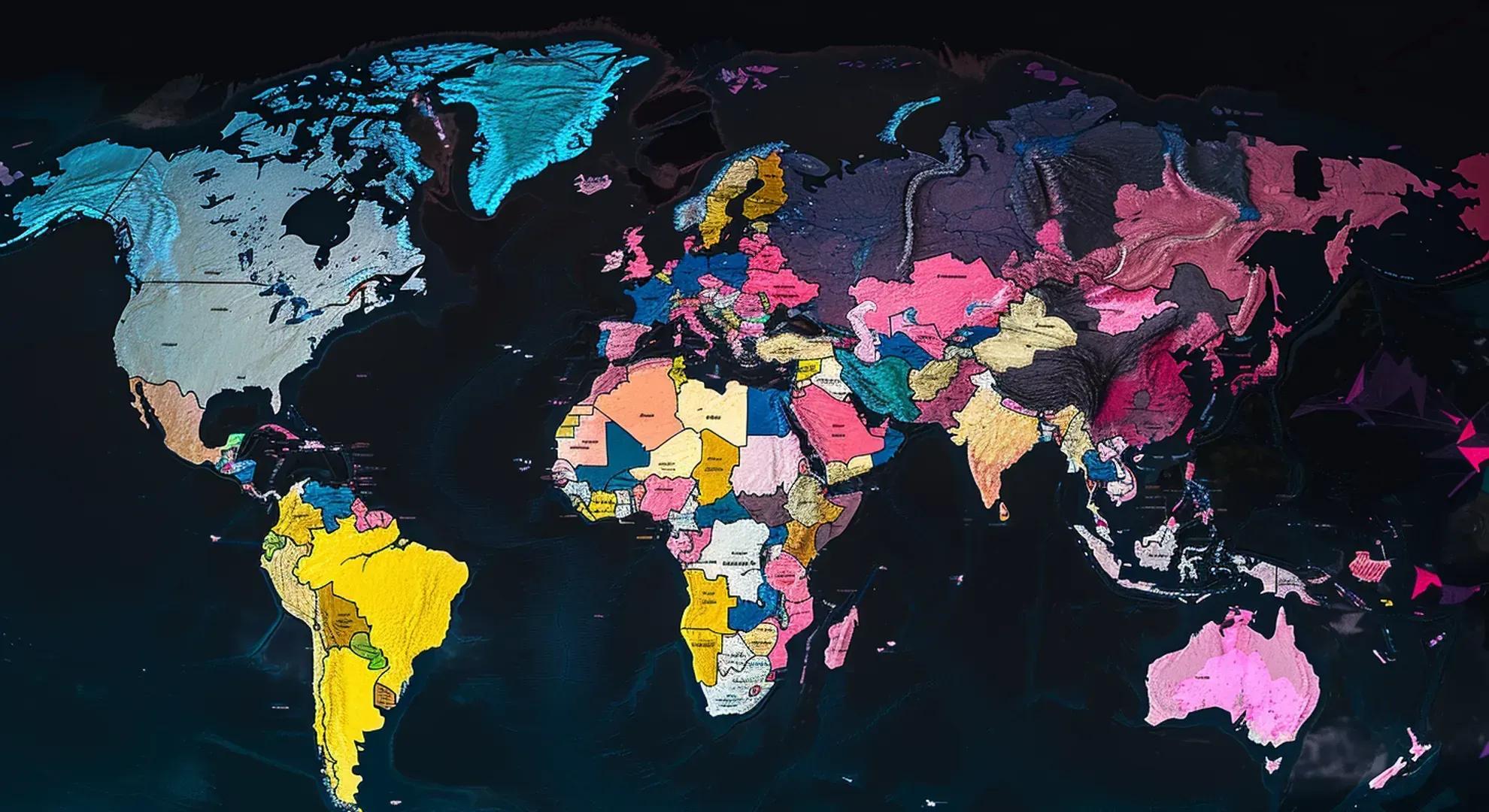 A photography of a world map with different countries highlighted in different colors, representing the diverse regulatory approaches to cryptocurrencies across the globe.