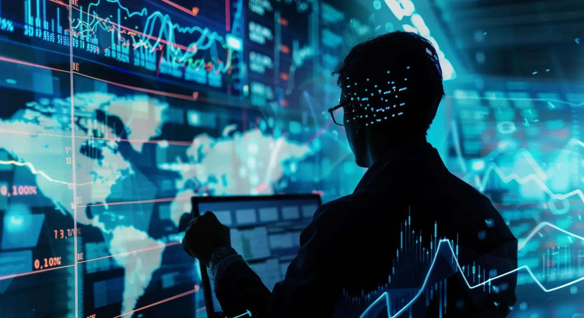 Conceptual photography of a trader analyzing financial charts and data on a computer screen, with abstract shapes and symbols representing options and derivatives contracts overlaid on the image, in a modern and sleek style