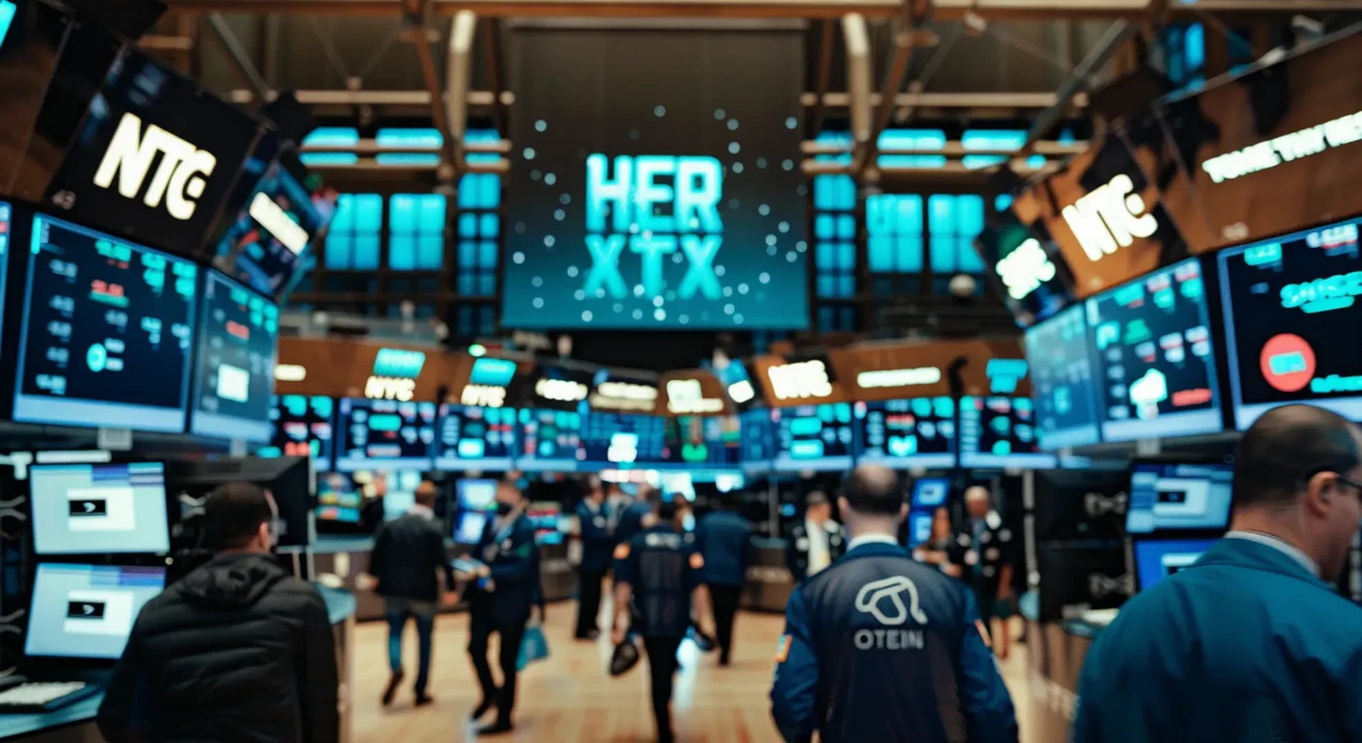 Photography of bustling stock exchange floor with AI-related company logos