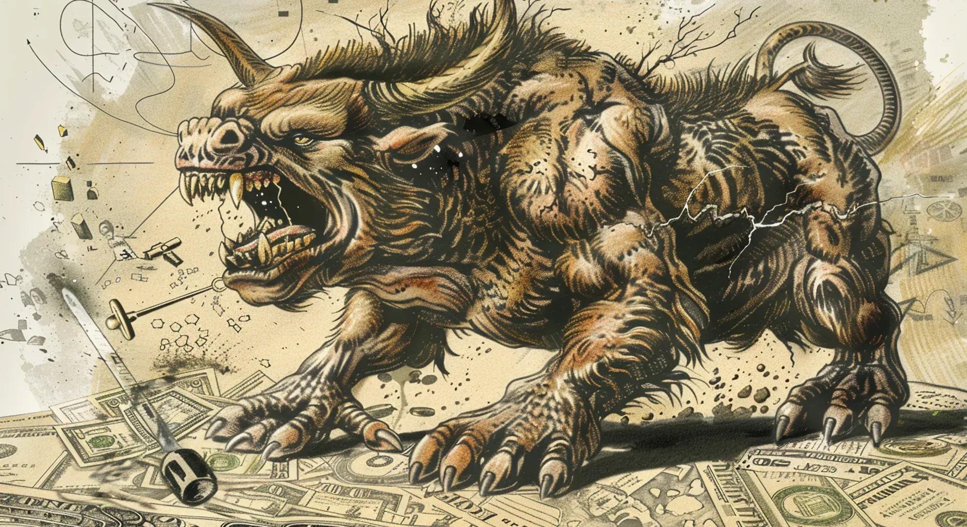 Illustration of a fierce beast representing inflation, with monetary and fiscal policy tools being used to tame it.