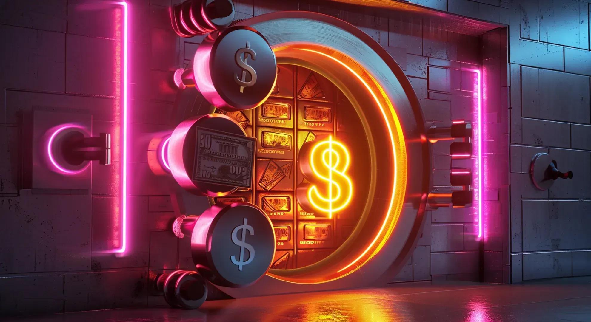 Illustration of a bank vault with glowing neon lights and dollar signs, representing high CD rates and financial opportunities