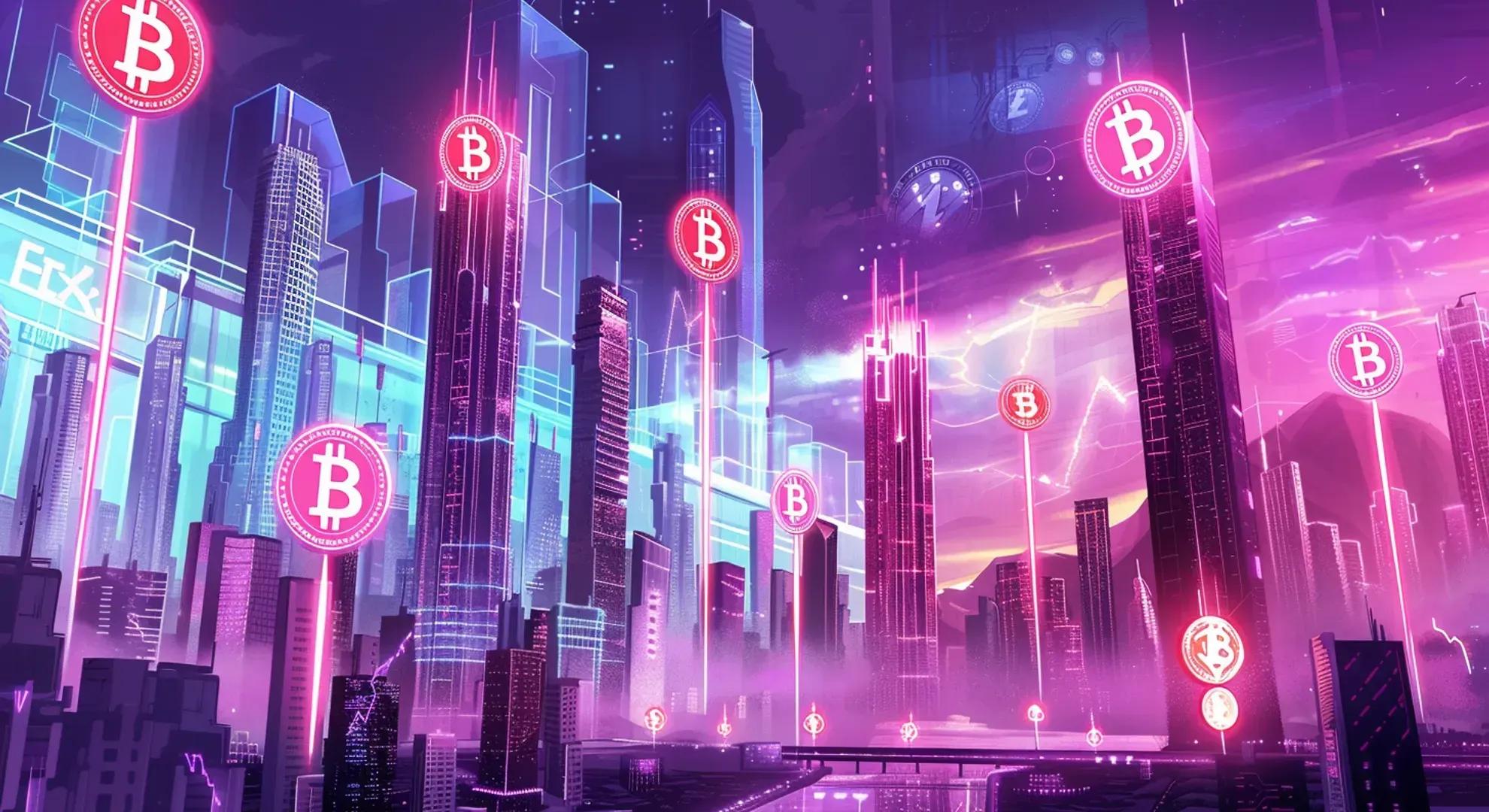 Illustration of a futuristic city skyline with glowing neon lights and Bitcoin symbols, representing the arrival of spot Bitcoin ETFs as a game-changer for crypto investing.