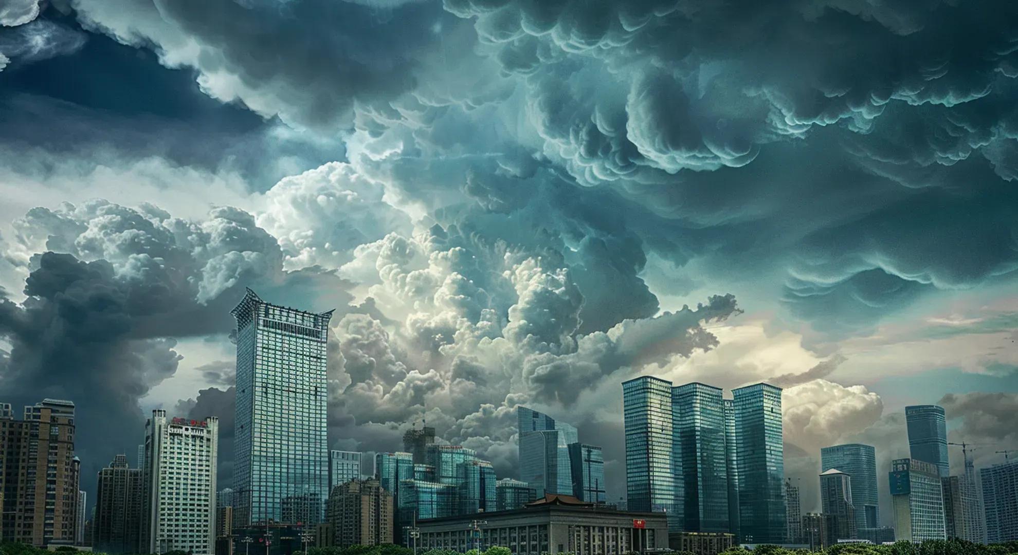 Illustration of a stormy sky with dark clouds over a Chinese city skyline, with a central bank building in the foreground, representing China's decision to maintain lending rates despite economic challenges.