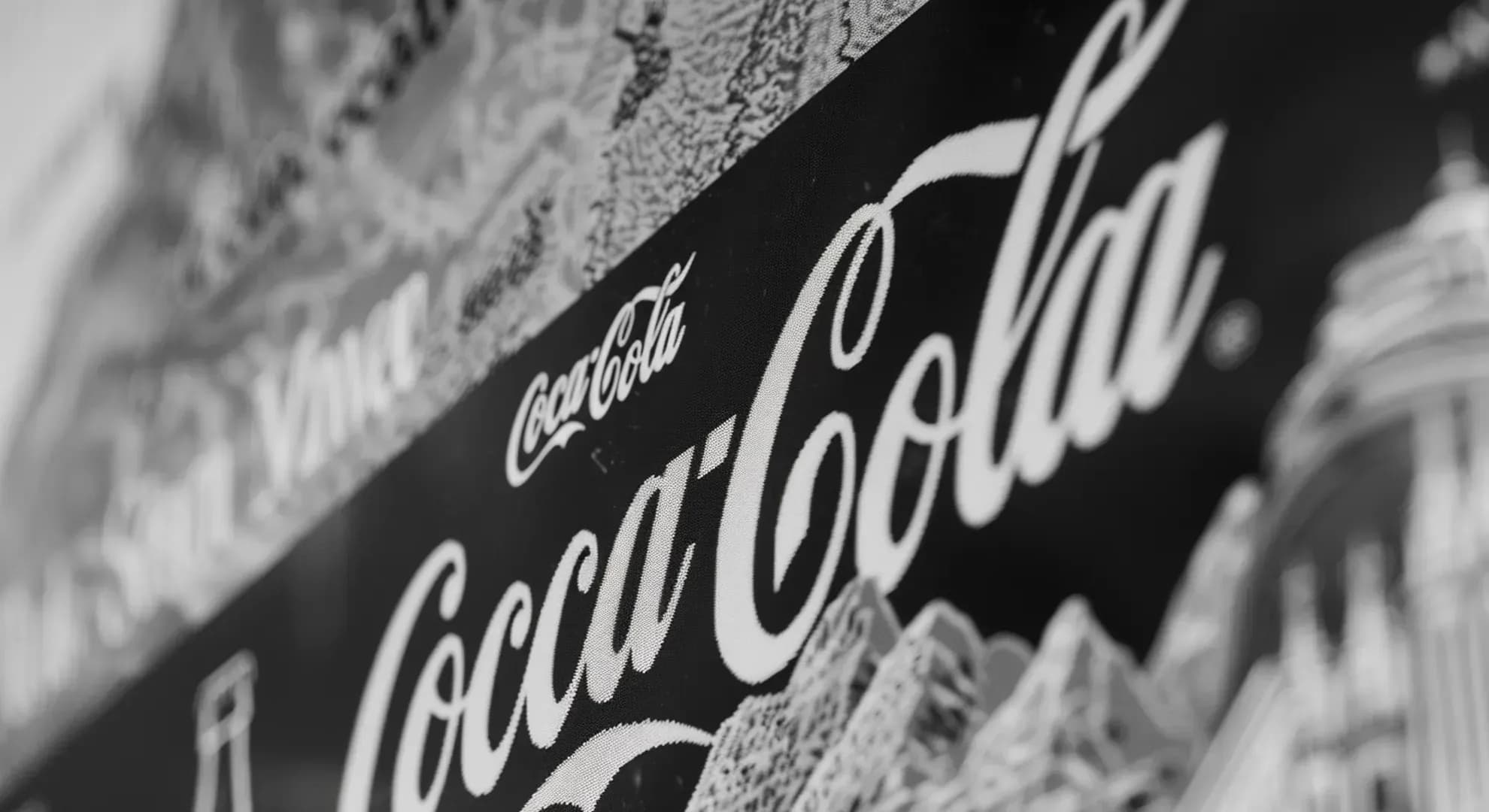 Graph showing Coca-Cola stock performance since 1988. Black and white photography style.