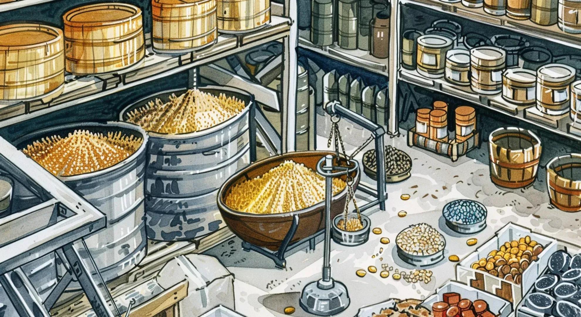 Illustration of a warehouse storing various commodities like grains, metals, and oil barrels, with a scale weighing the costs and charges associated with storage.