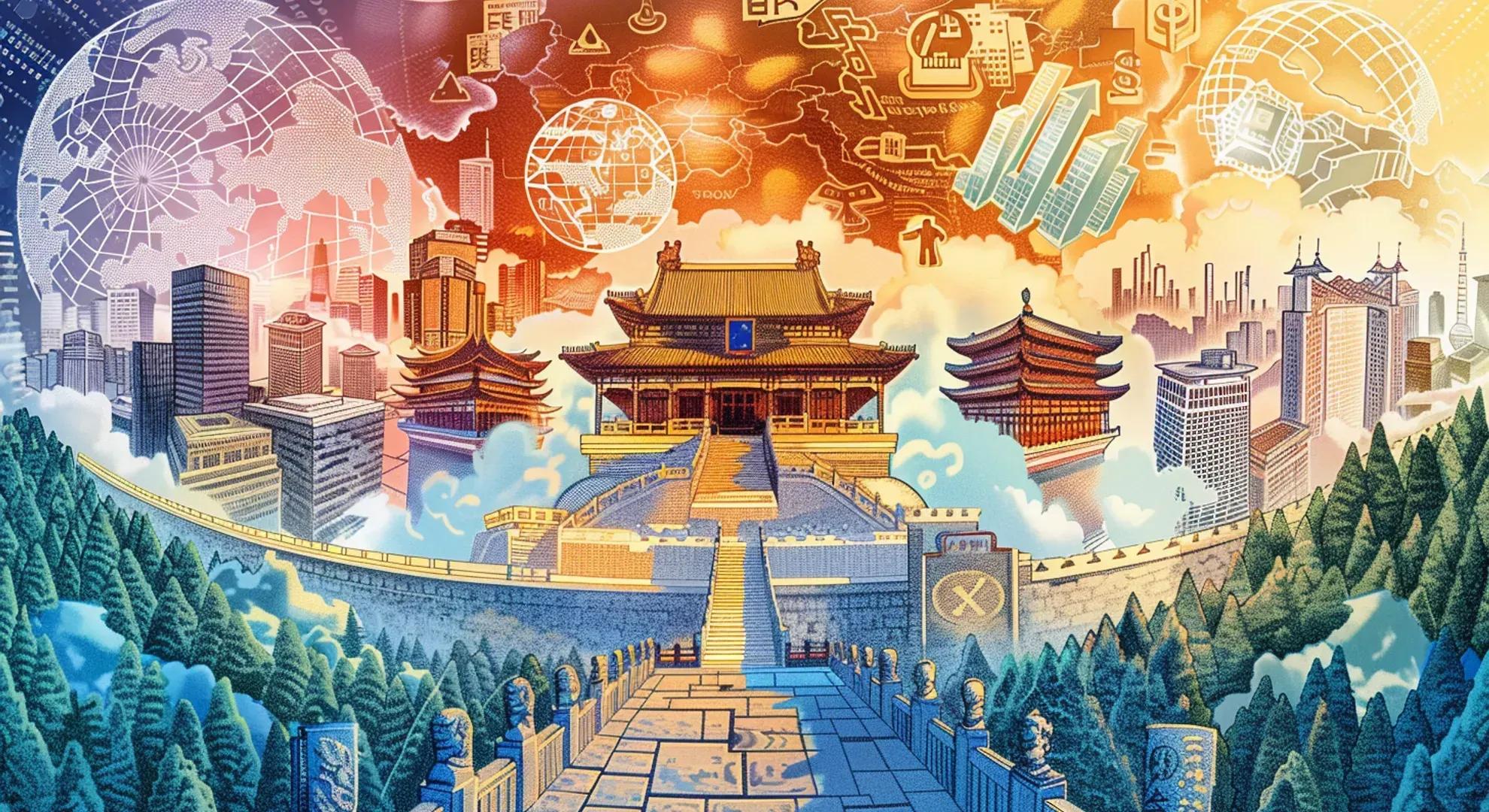 Illustration of a financial landscape with China's Loan Prime Rate as a central element, surrounded by symbols of the Chinese economy and global markets.