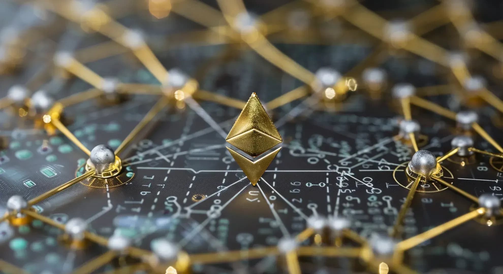 Illustration of a blockchain network with Ethereum symbol at the center