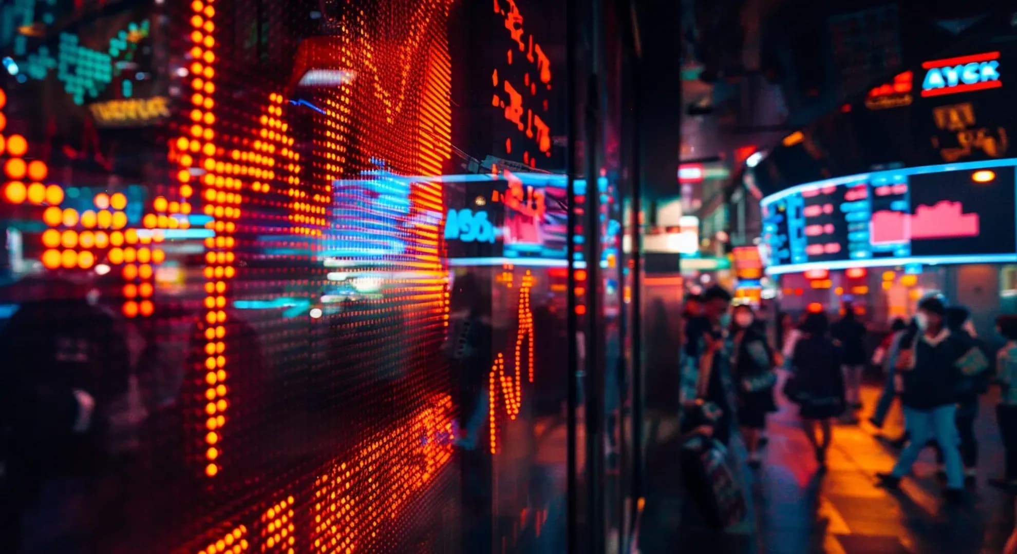 Photography of stock market display with rising graphs, neon effect