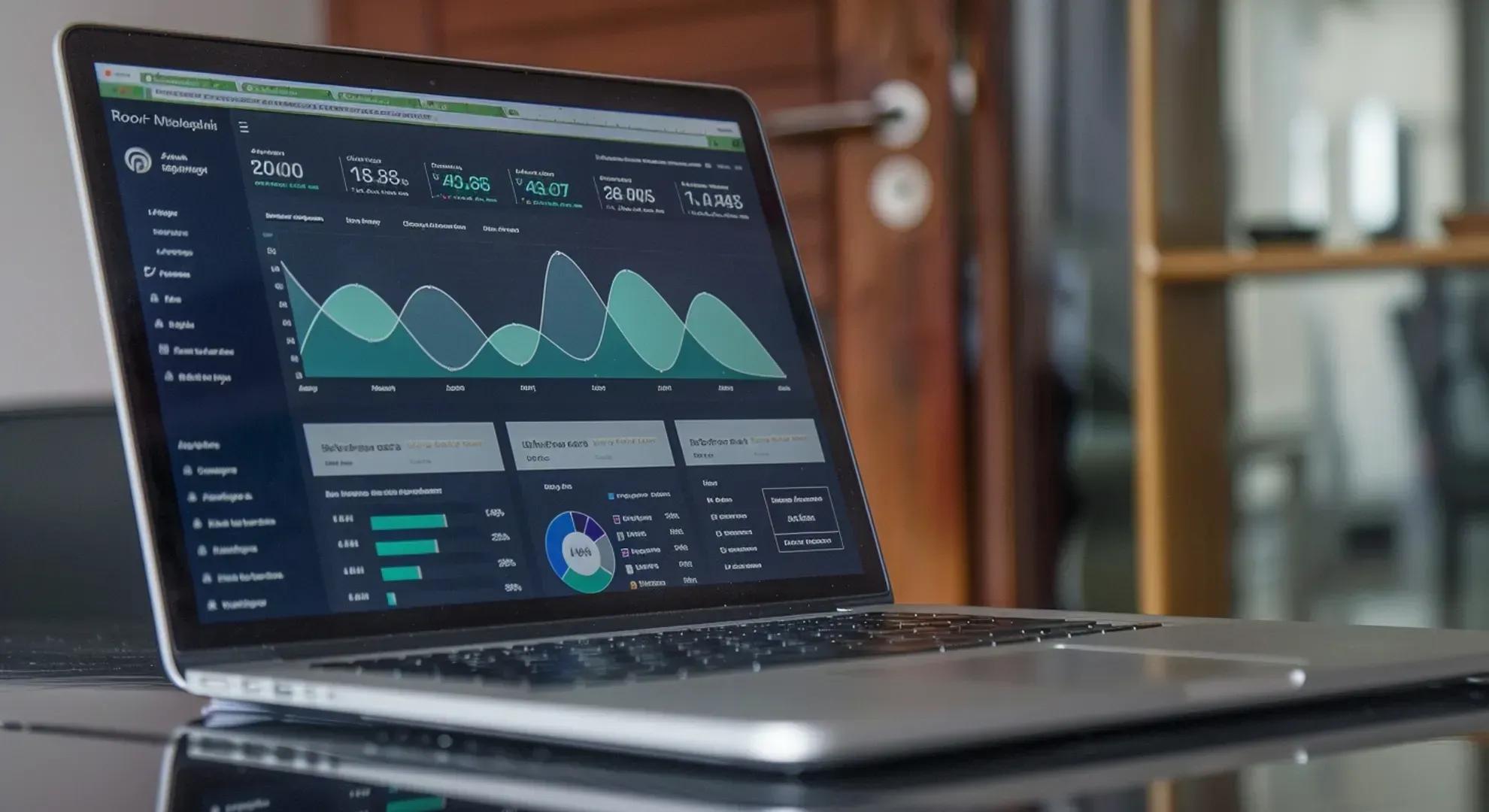 A photography of a modern laptop with a robo-advisor investment platform interface, displaying charts, graphs, and personalized portfolio recommendations, symbolizing the automated and data-driven nature of robo-advisors in investment management.