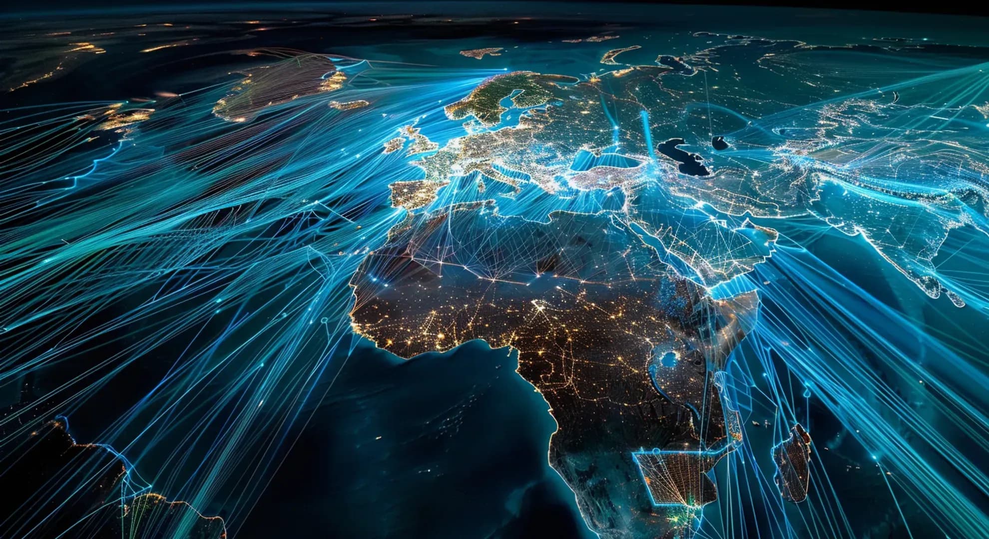 Photography of global trade routes with AI overlay