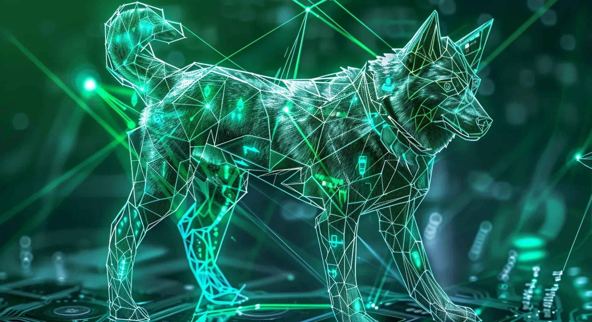 Illustration of a futuristic AI dog trading cryptocurrencies