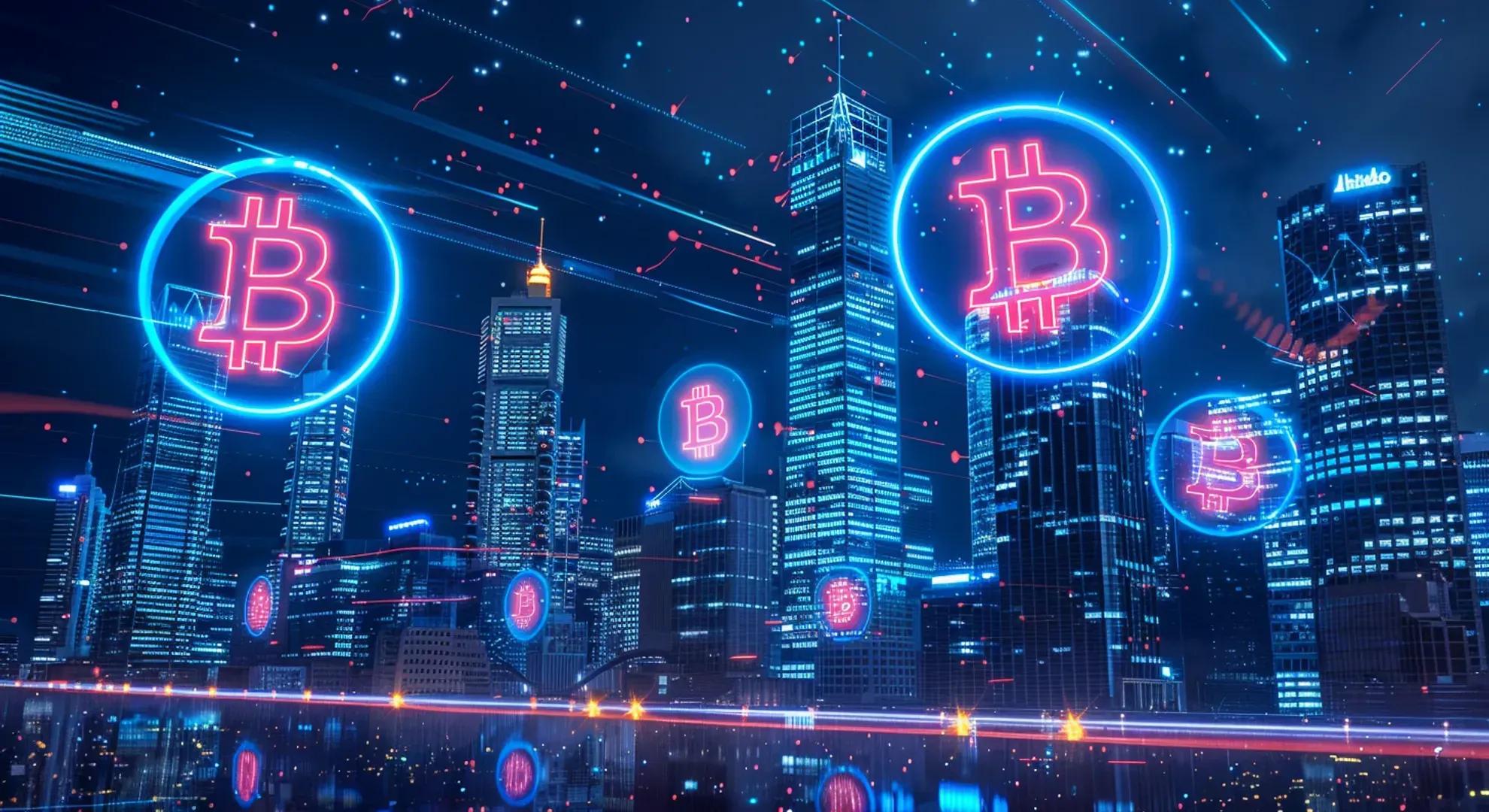 Illustration of a futuristic Australian city skyline with glowing neon Bitcoin symbols and digital data streams, representing the launch of Australia's first spot-Bitcoin ETF and the country's embrace of digital assets.