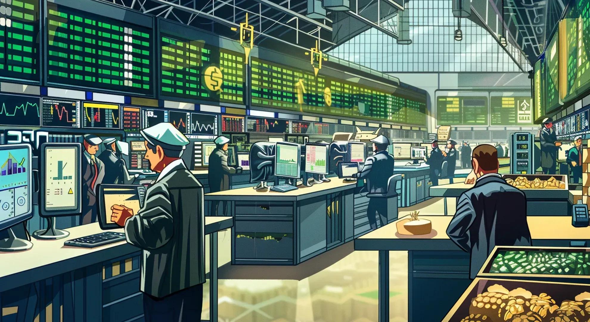 Illustration of a global commodities exchange trading floor with traders, screens, and symbols representing various commodities like oil, gold, and agricultural products