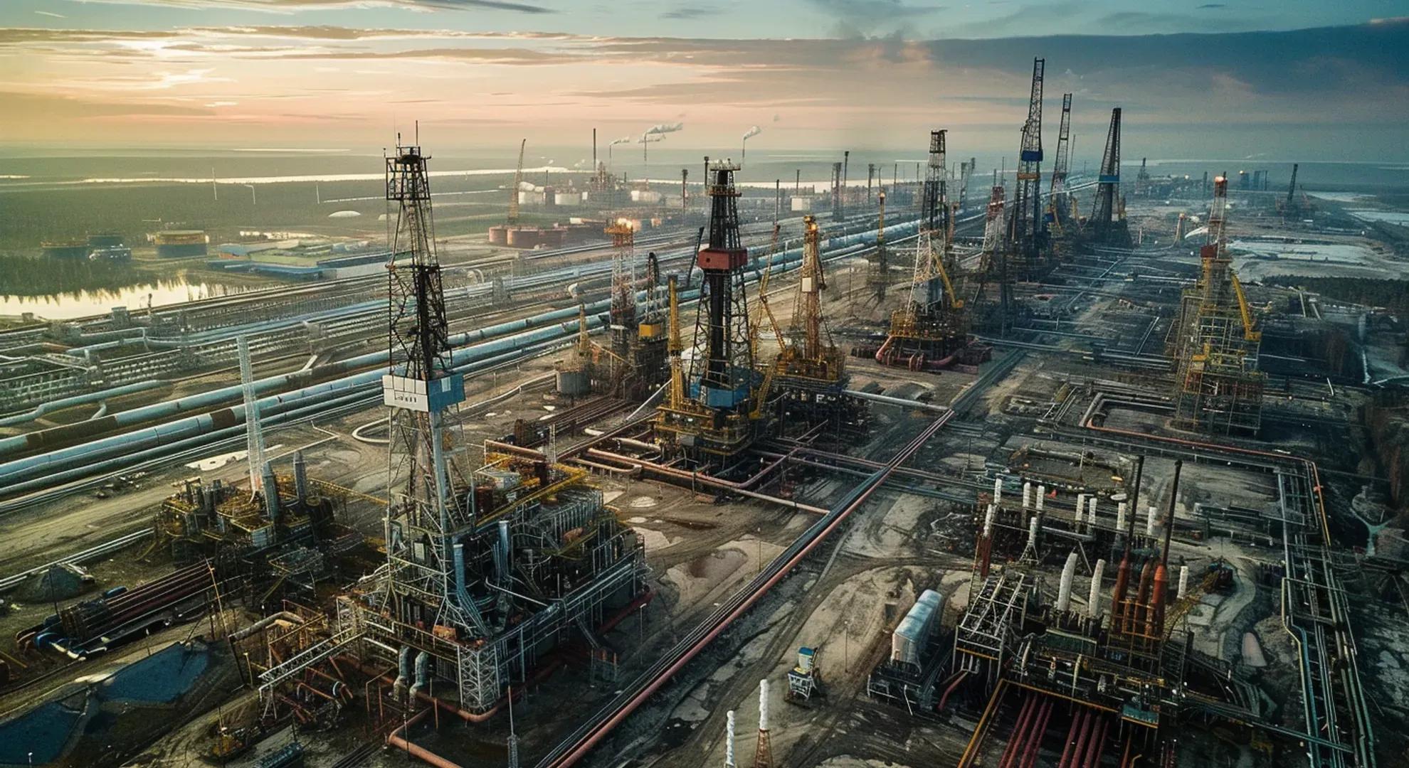 Photography of a vast natural gas field in Russia, with towering rigs and pipelines stretching across the horizon, capturing the immense scale of the country's natural gas reserves.