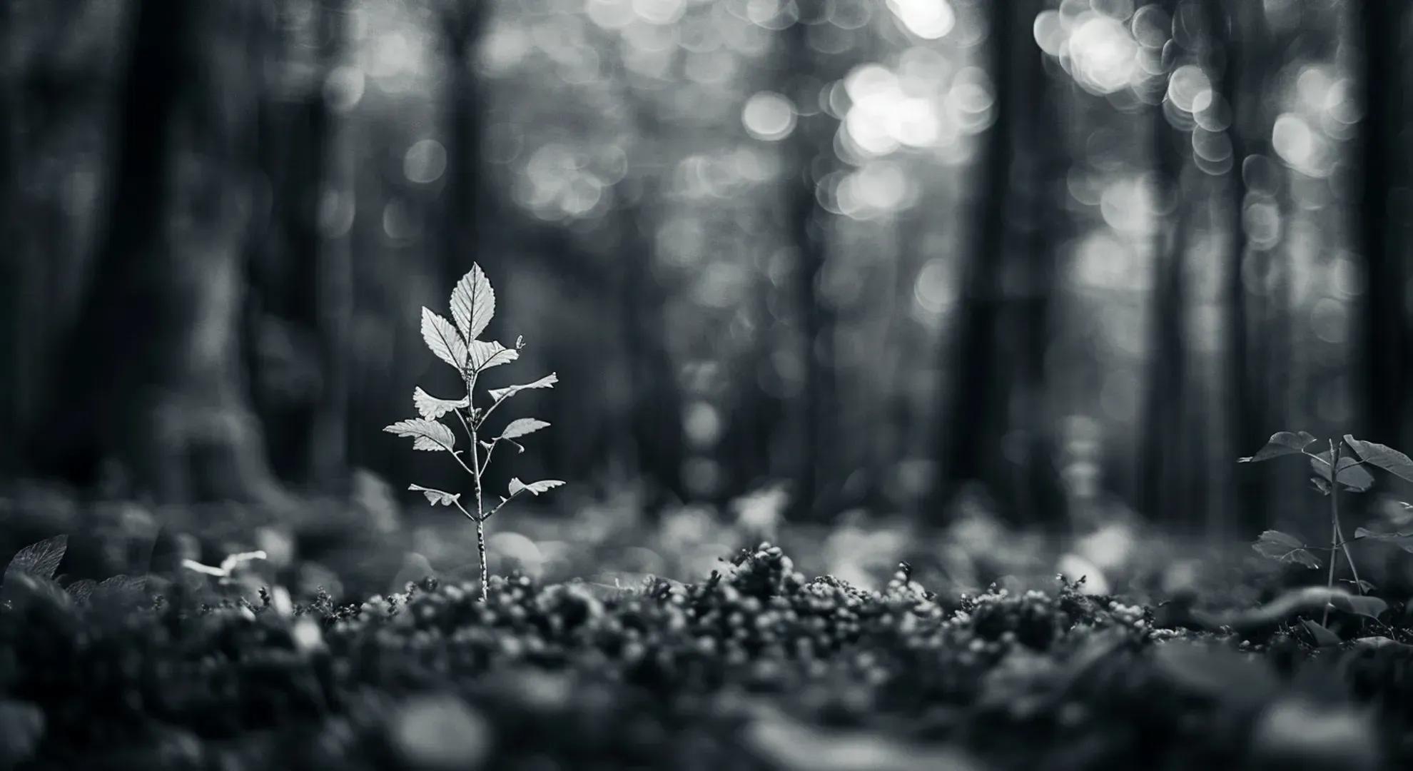 A black and white photography of a small sapling growing amidst a forest of towering trees, symbolizing the potential of small-cap stocks to grow into industry giants.