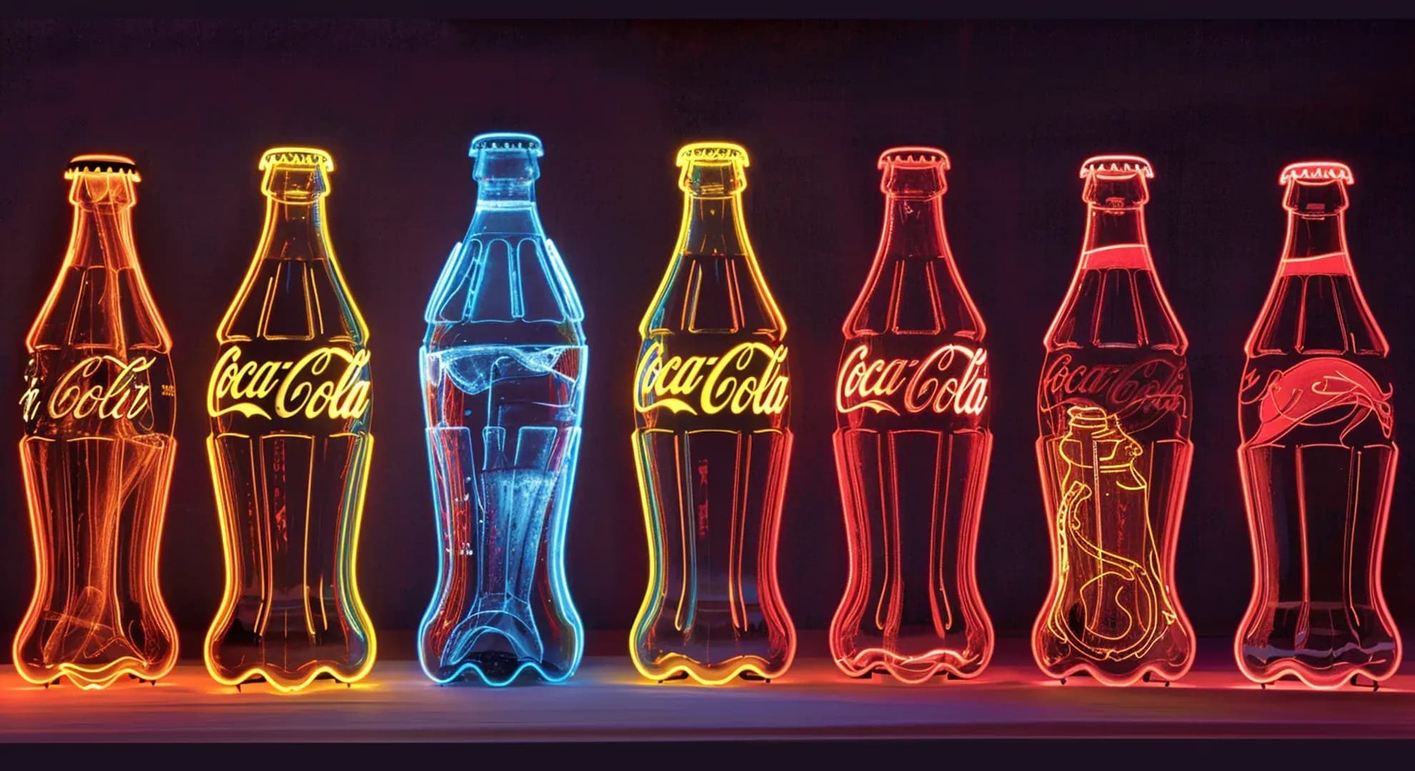 Coca-Cola bottles through the ages, showcasing brand evolution. Neon-style illustration.