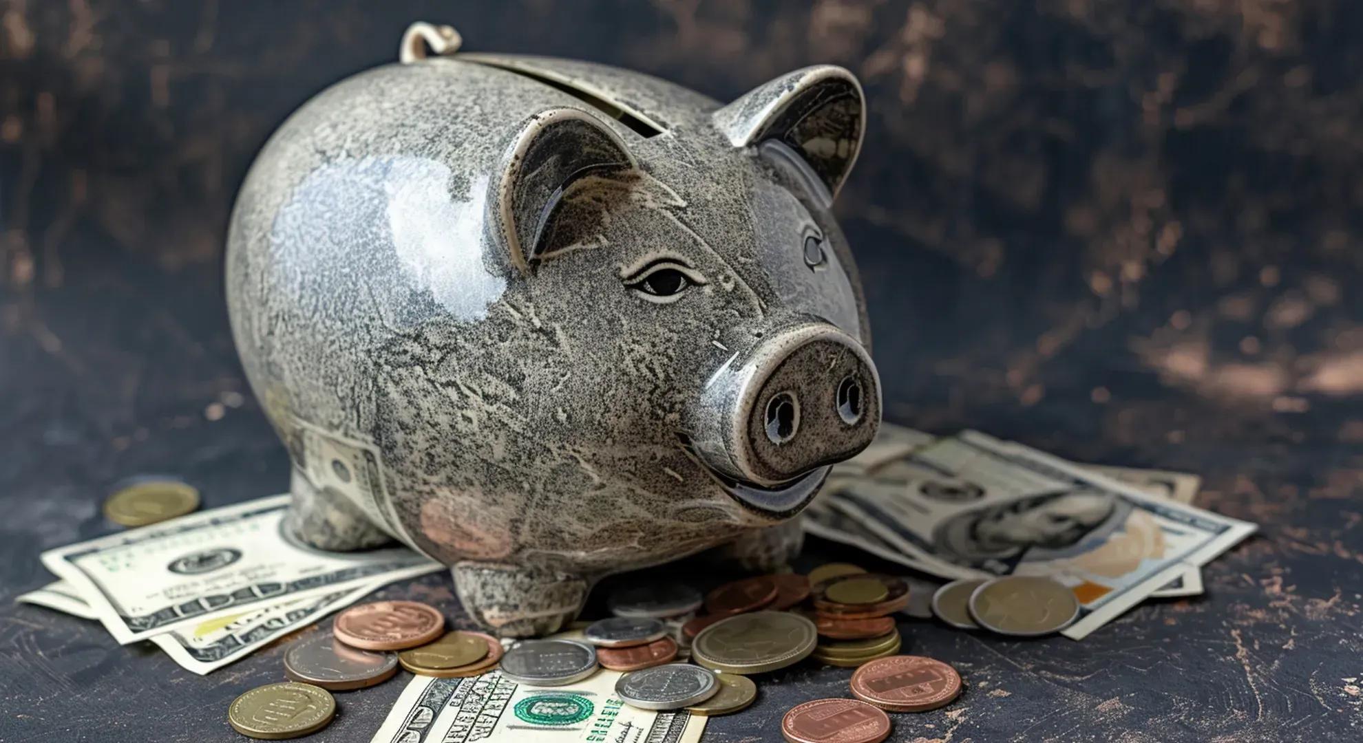 Photography of a piggy bank with dollar bills and coins, representing savings and financial growth